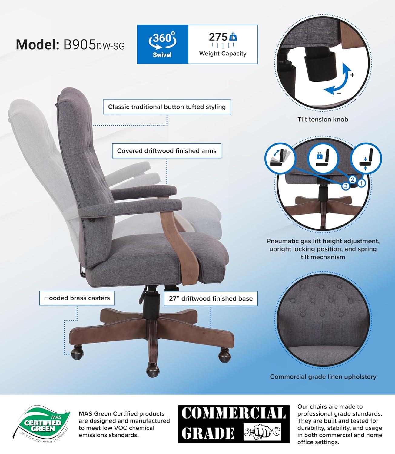 Traditional Executive Chair Slate Gray - Boss Office Products: Driftwood Base, Brass Castors, Pneumatic Lift