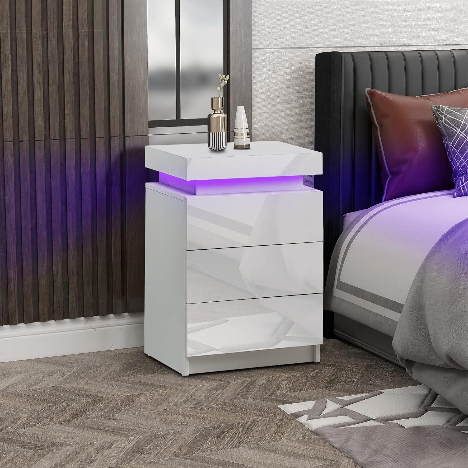 White High Gloss 3-Drawer Nightstand with LED Lights