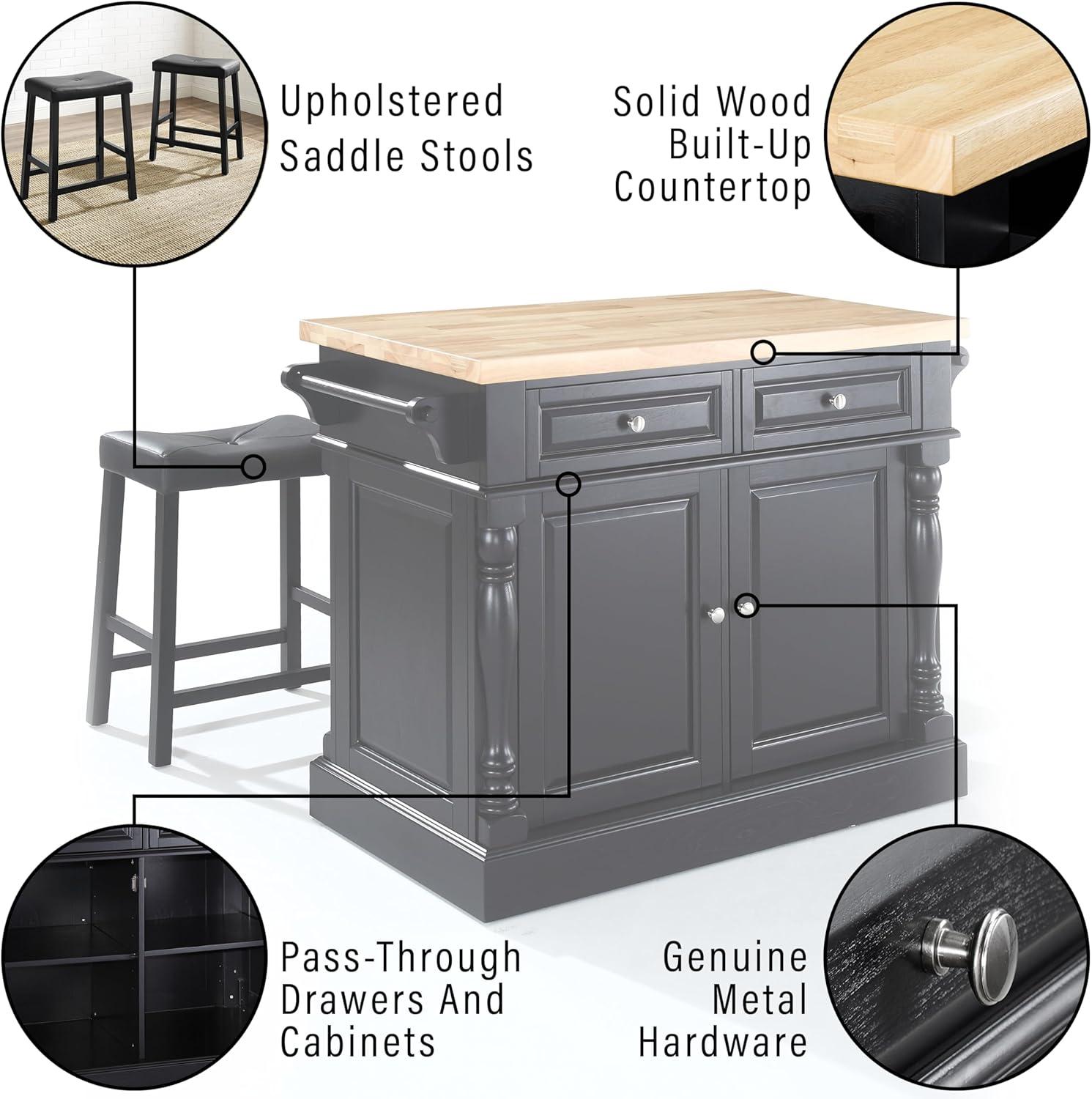 Oxford Kitchen Island with 2 Upholstered Saddle Stools Black - Crosley: Pass-Through Storage, Towel Bars, Wood Veneer