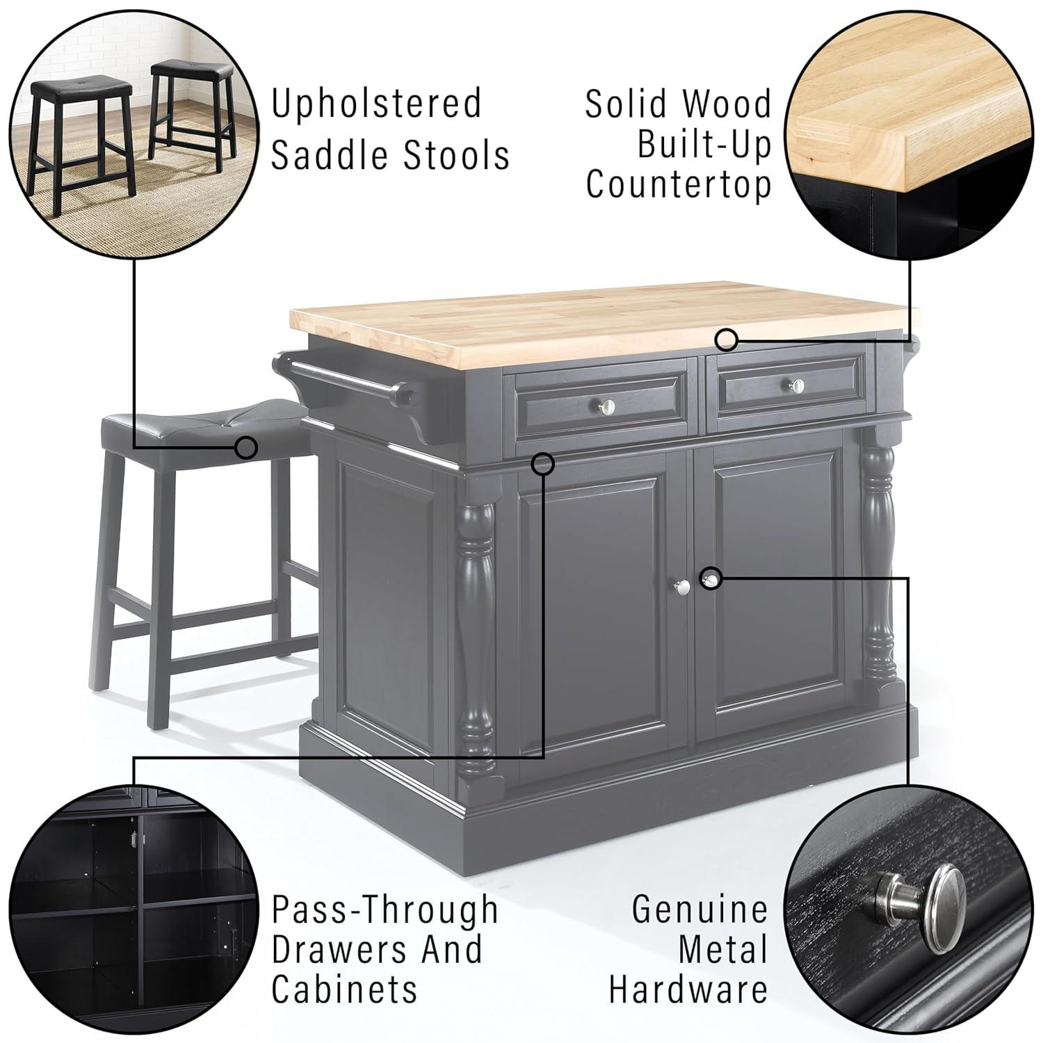 Oxford Kitchen Island with 2 Upholstered Saddle Stools Black - Crosley: Pass-Through Storage, Towel Bars, Wood Veneer