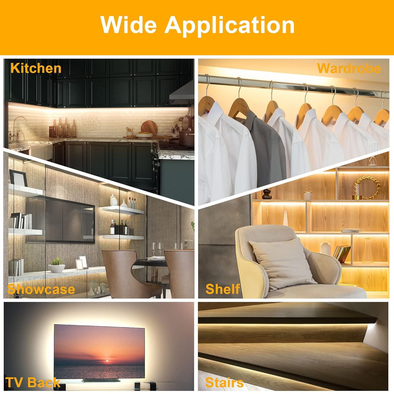 Led Under Cabinet Lighting Kit, 8 PCS Warm White Flexible Led Strip Lights with RF Remote and Power Adapter, for Kitchen Cabinet Shelf Desk Counter Corner, 8 Strips with Connecting Wires, 27