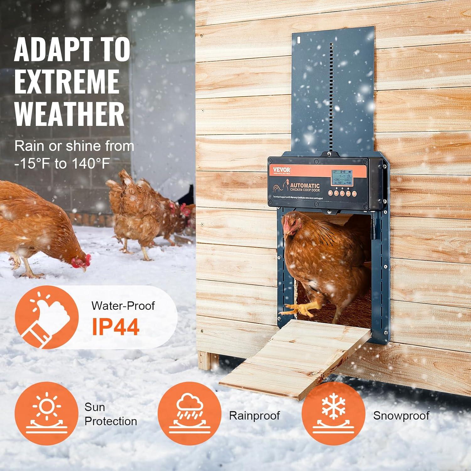 VEVOR Automatic Chicken Coop Door, Auto Chicken Door Opener with Timer & Light Sensor Aluminum Chicken Coops Door with Remote Control and LCD Screen, 4 Modes Opening, Battery or DC Powered