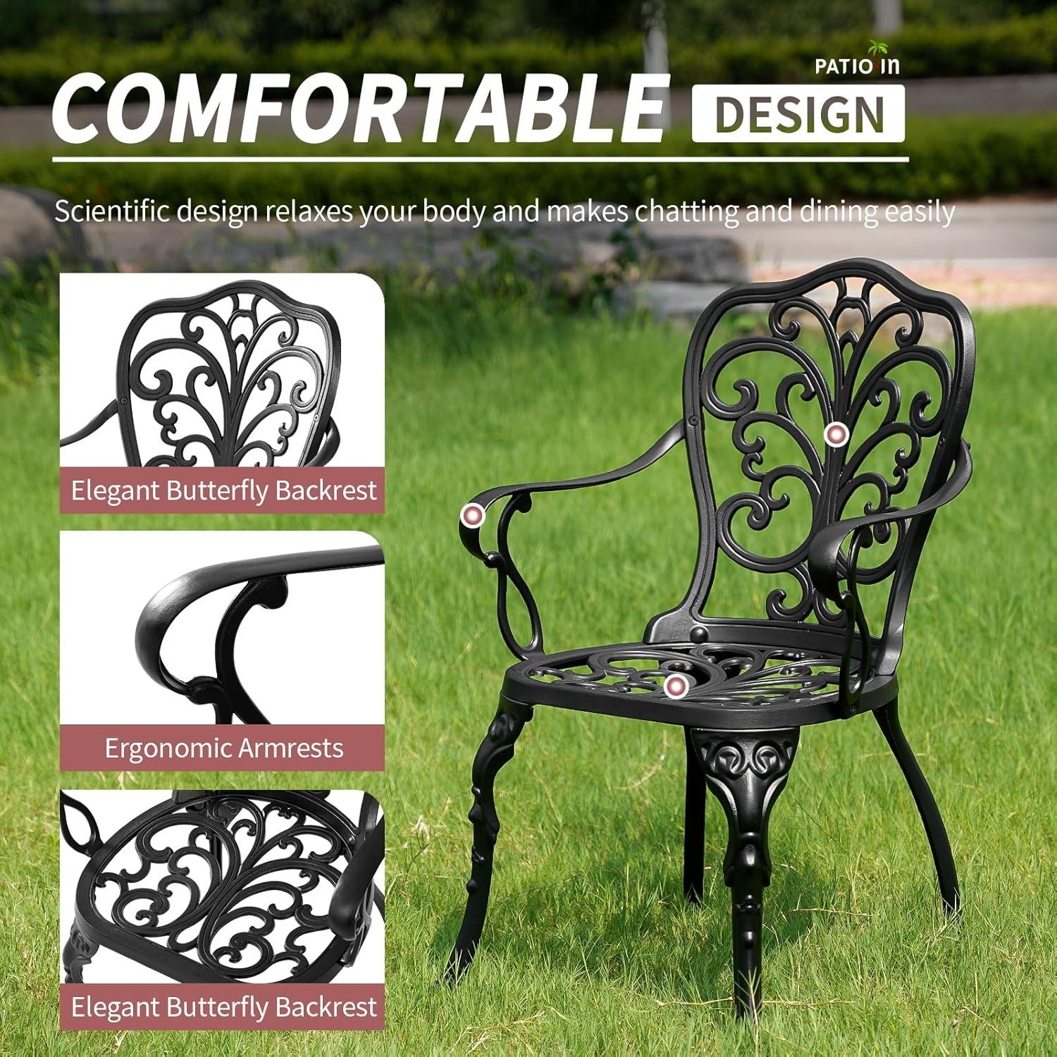 PATIO-IN 3 Piece Bistro Set Cast Aluminum Bistro Table and Chairs Set of 2 with Umbrella Hole,Patio Furniture Sets for Front Porch,Garden
