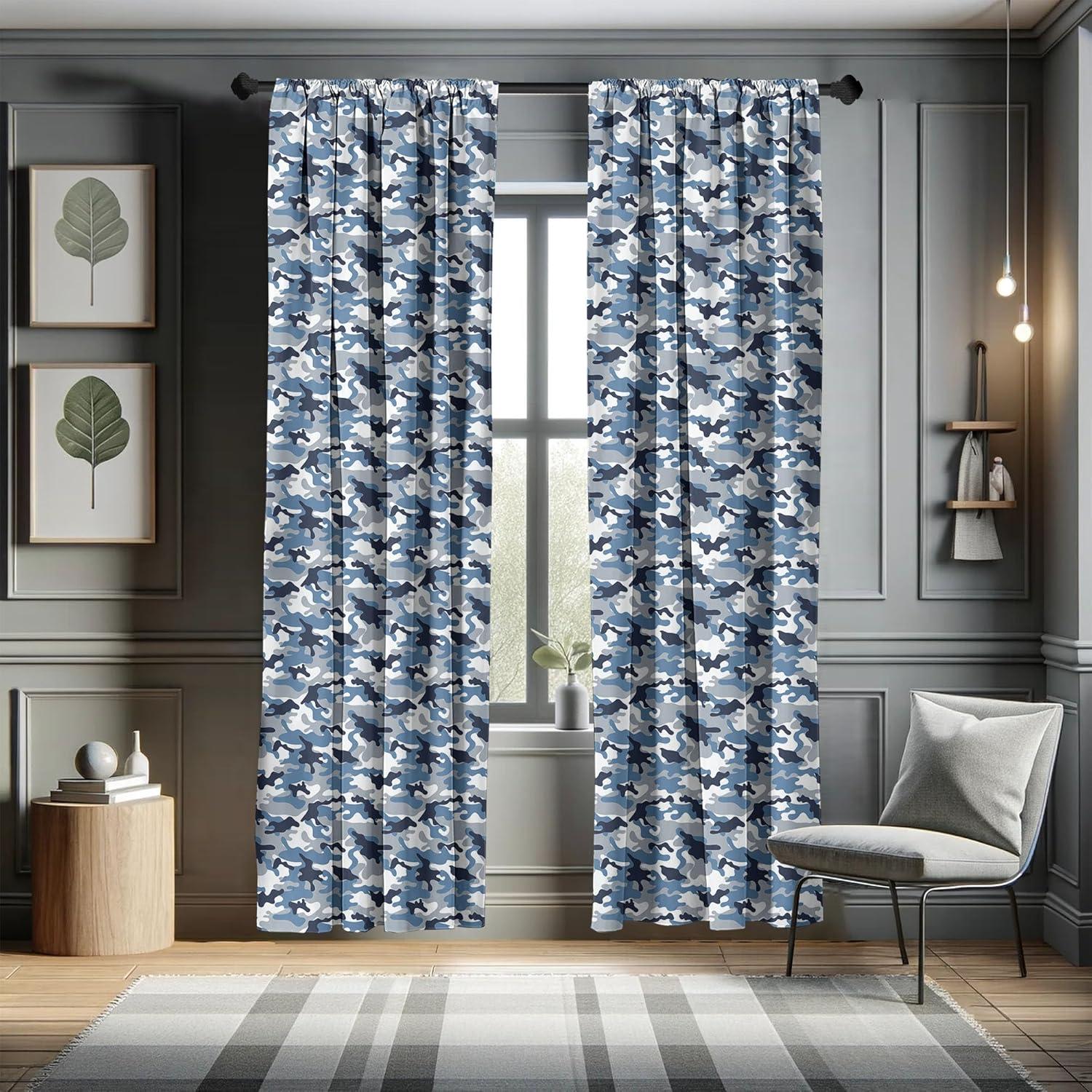 Slate Blue and Grey Camouflage Pattern Room-Darkening Curtain Panels