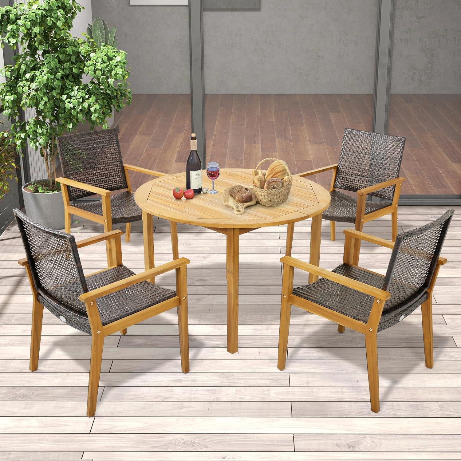 Set of 4 Natural Acacia Wood and Rattan Patio Dining Chairs