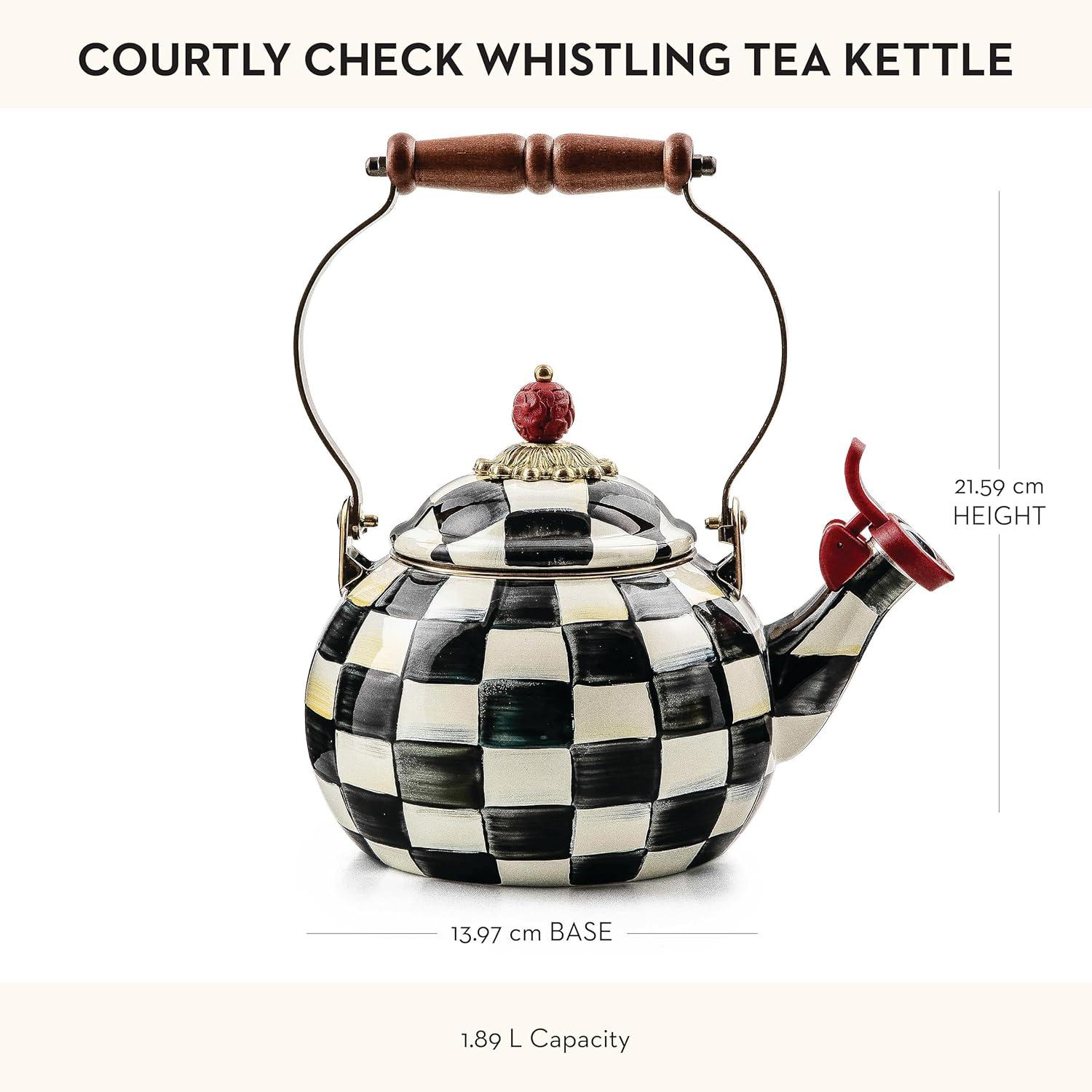 Black and White Checkered Enamel Whistling Tea Kettle with Wood Handle