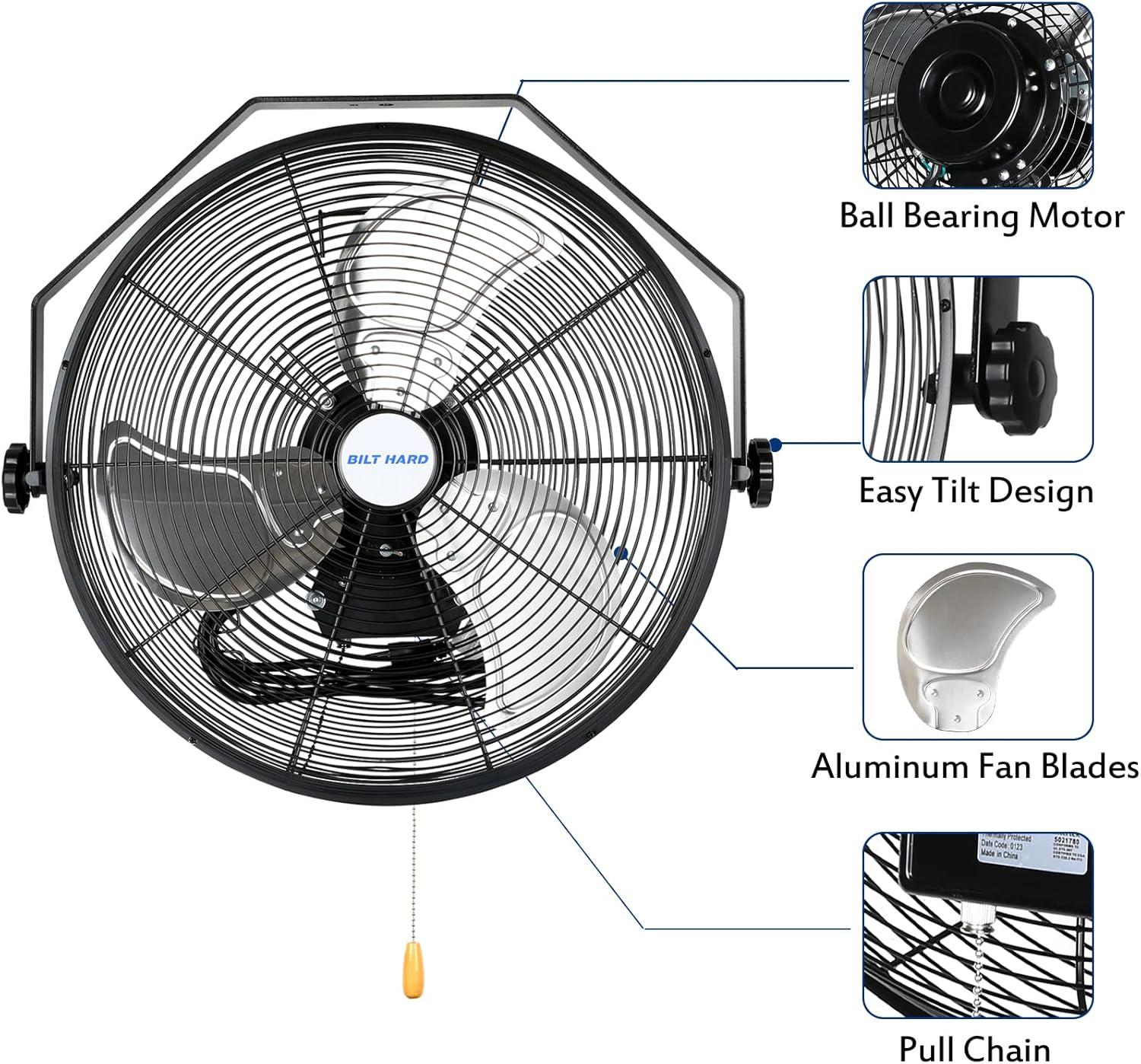 BILT HARD 18" Industrial Wall Mount Fan, 3-Speeds High Velocity Wall Fan with Sealed Motor, 4300 CFM Heavy Duty Metal Barn Fans