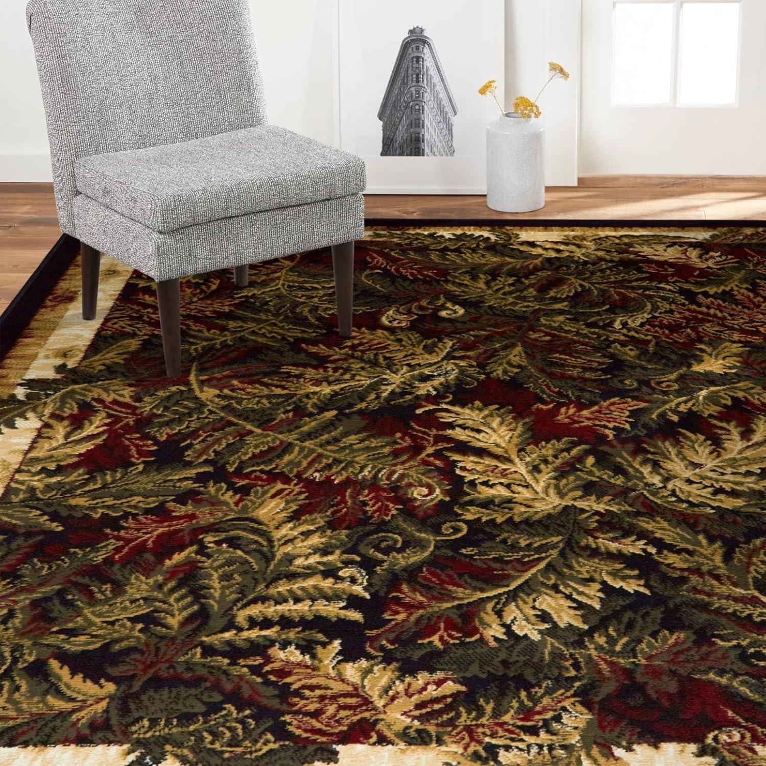 Black and Beige Floral Synthetic Rectangular Area Rug