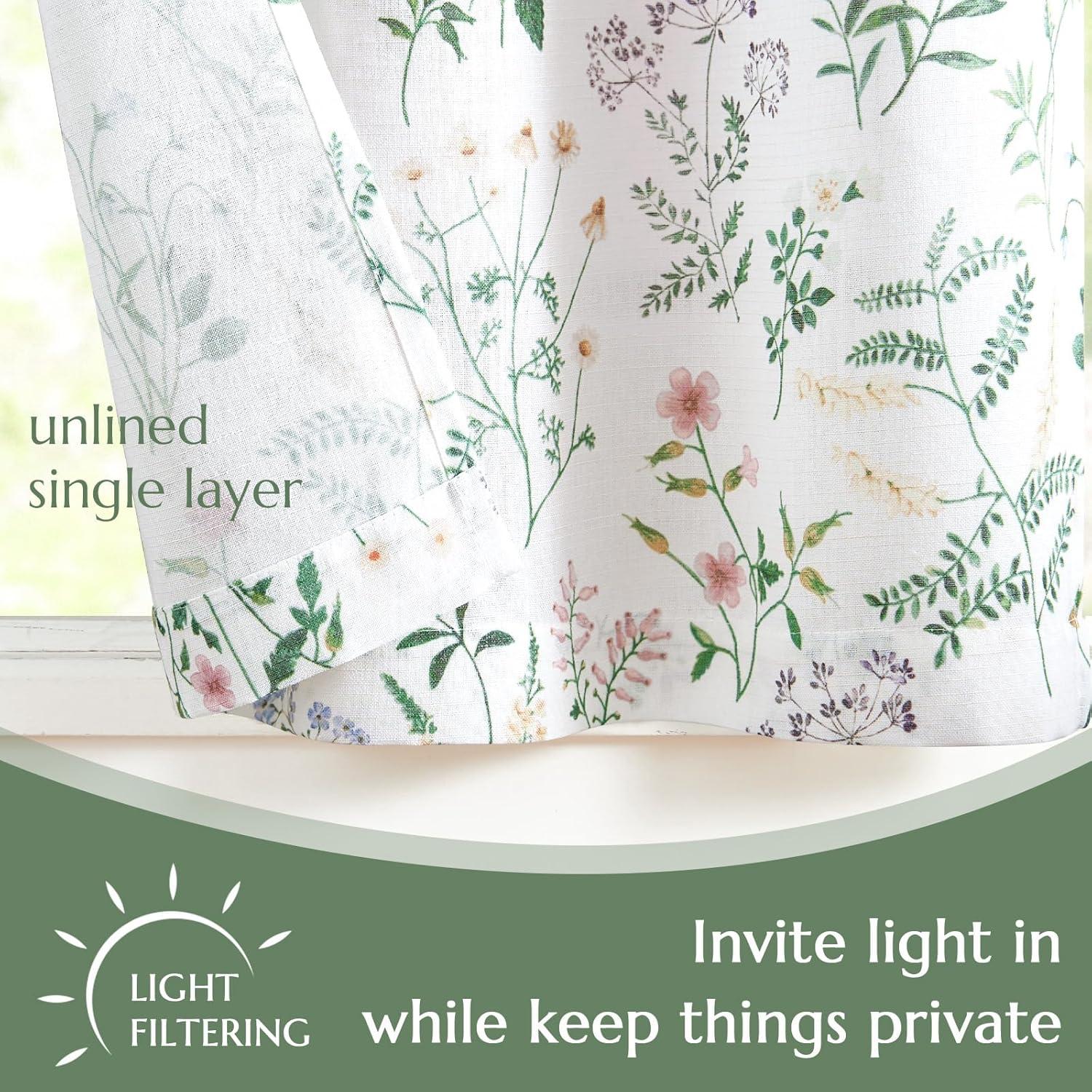 jinchan Floral Kitchen Curtains for Windows 36 Inch Linen Tier Farmhouse Cafe Curtains Country Botanic Small Window Rod Pocket Rustic Flax for Laundry Bathroom RV 2 Panels Sage Green on Beige