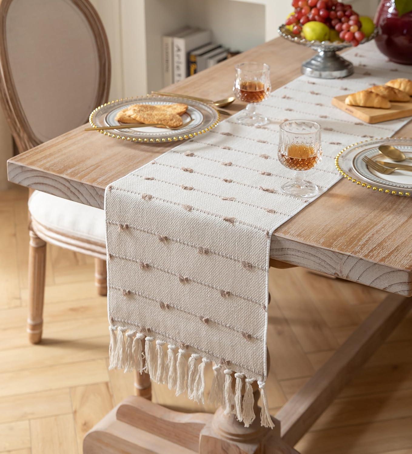 Foundry Select Boho Table Runner 13 X 108 Inch Long Natural Cotton Woven Runner With Tassels For Home Dining Table Décor, For Modern Farmhouse Decor Coffee Table Runner, Taupe And Beige