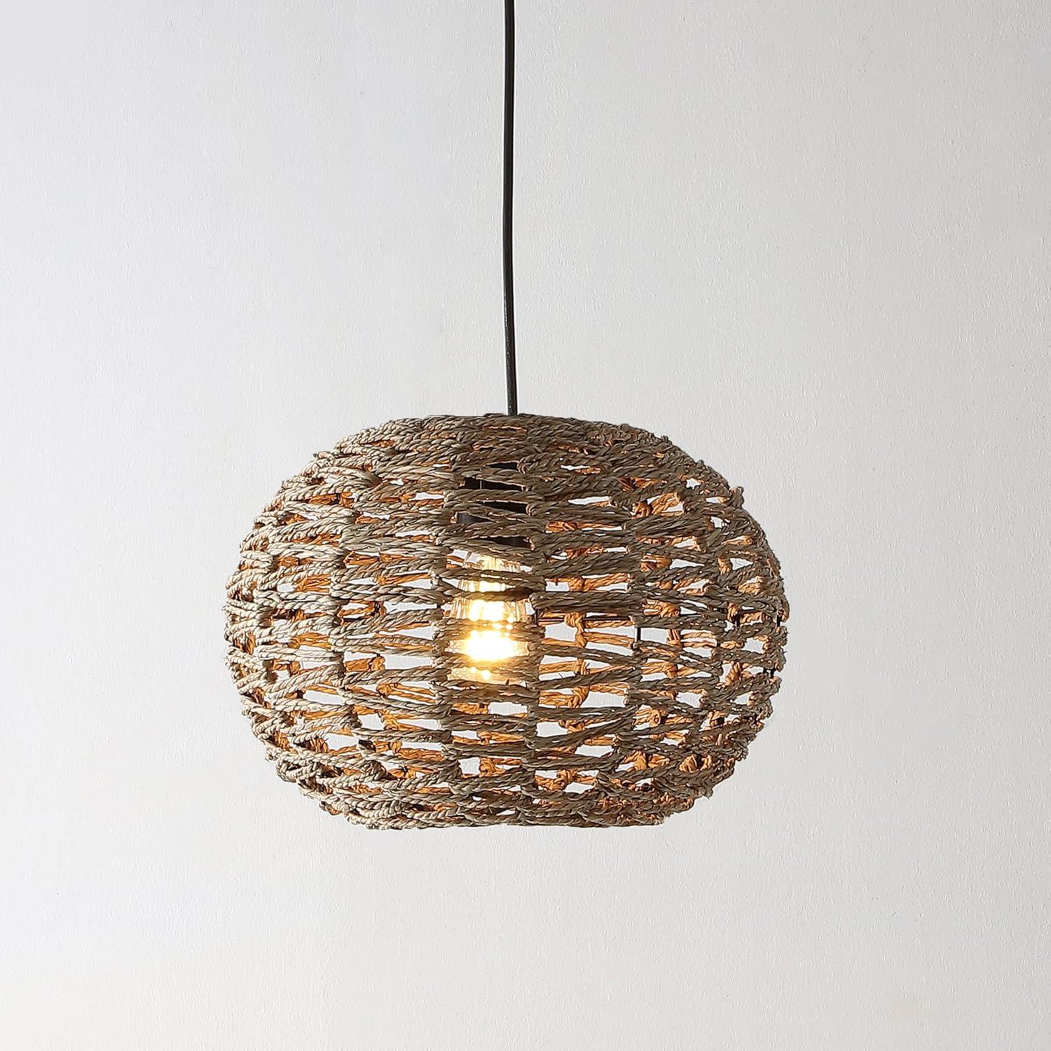 Isla 14" 1-Light Farmhouse Coastal Rattan 180" Cord Plug-In or Hardwired LED Pendant, Brown