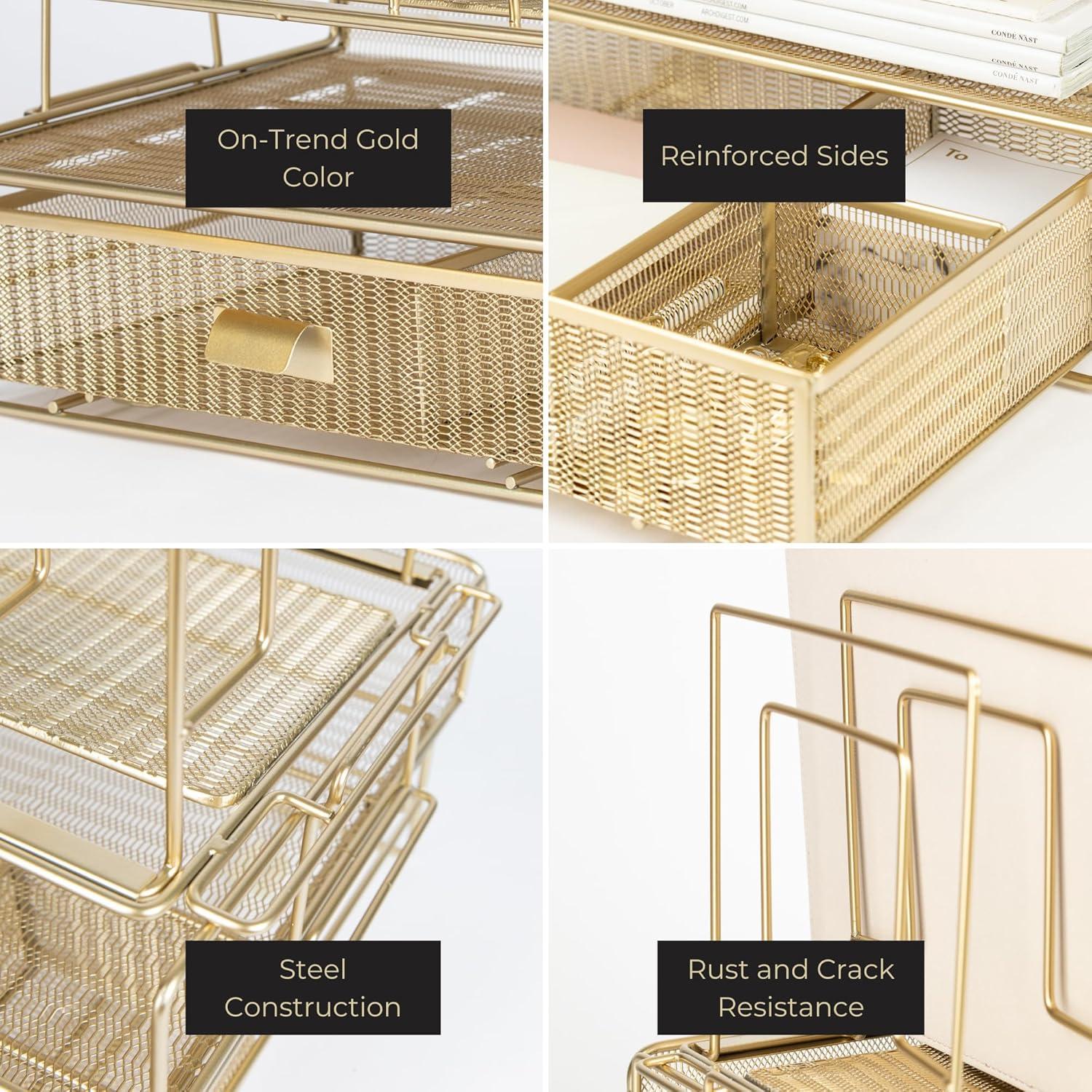 Blu Monaco Gold Desk Organizer - Includes Detachable File Organizer, Stackable Paper Tray & Drawer, Office Supplies for Desk