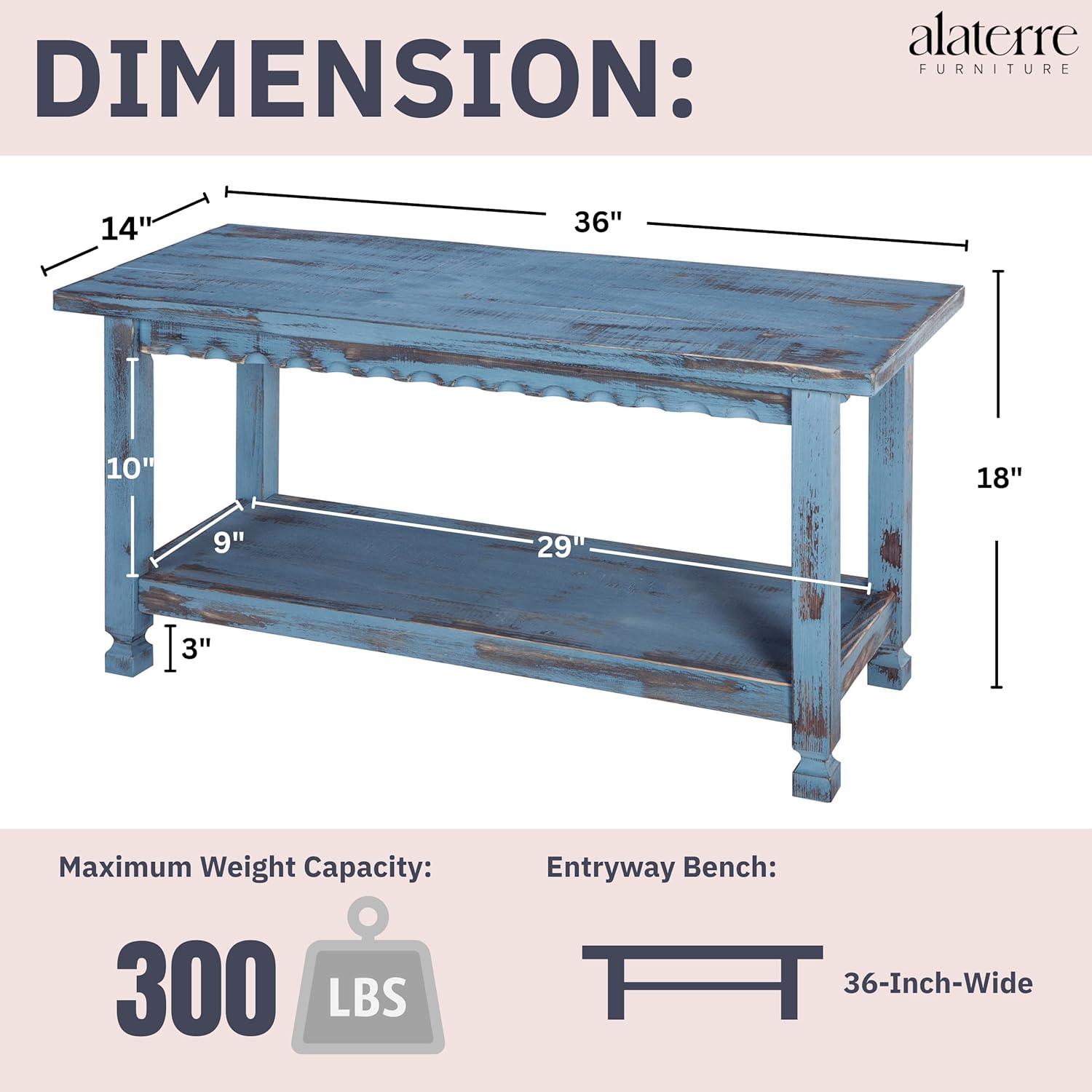 36" Bench Hardwood Blue - Alaterre Furniture: Cottage Style, Square Legs, No Back