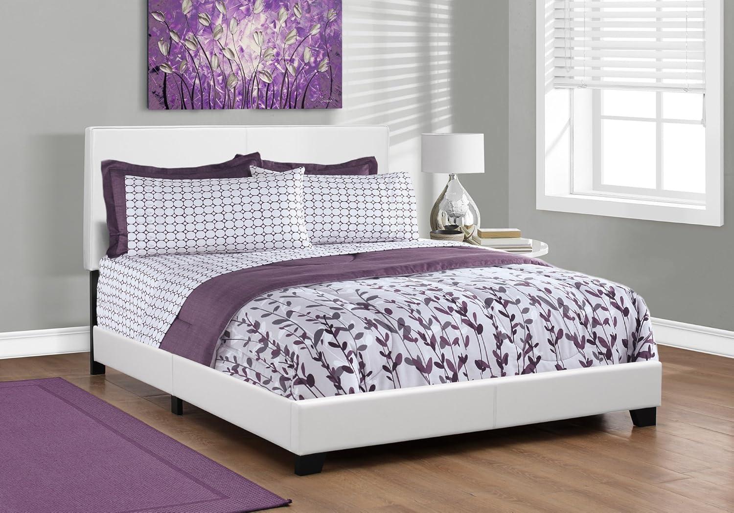 Monarch Specialties Queen White Faux Leather Bed