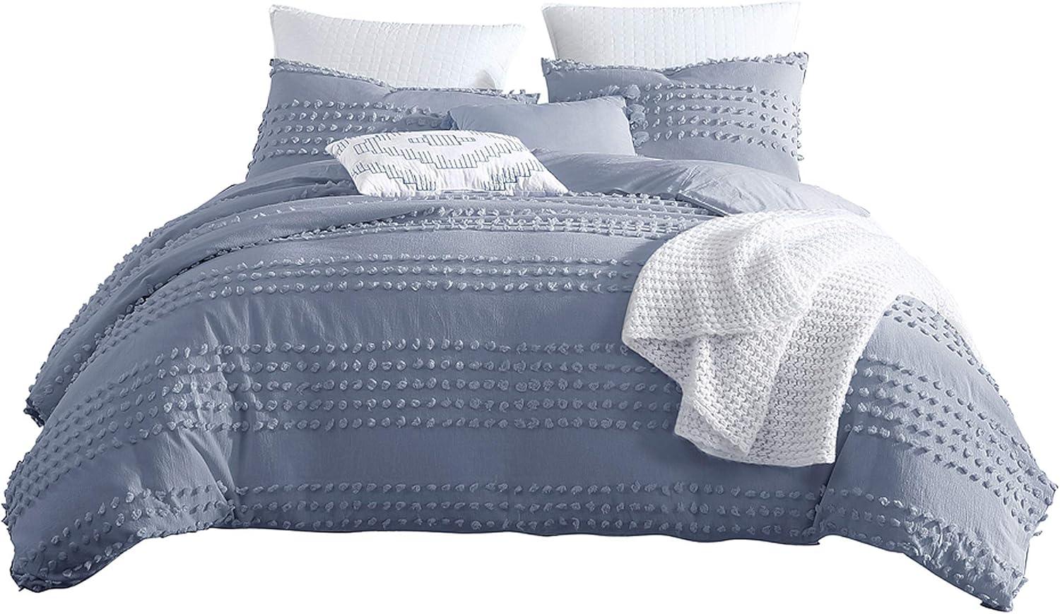 Swift Home Marilla 100% Cotton Clipped Dots Stripes Jacquard 5-Piece Bedding Comforter Set Faded Denim - Queen