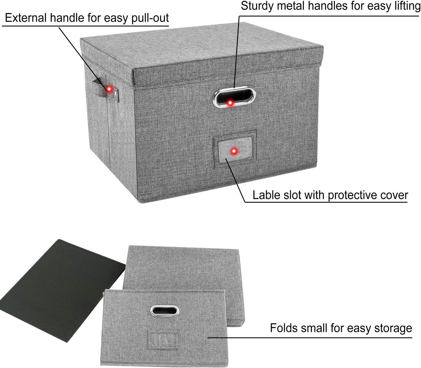 Gray Linen Collapsible File Box with Hanging Folders