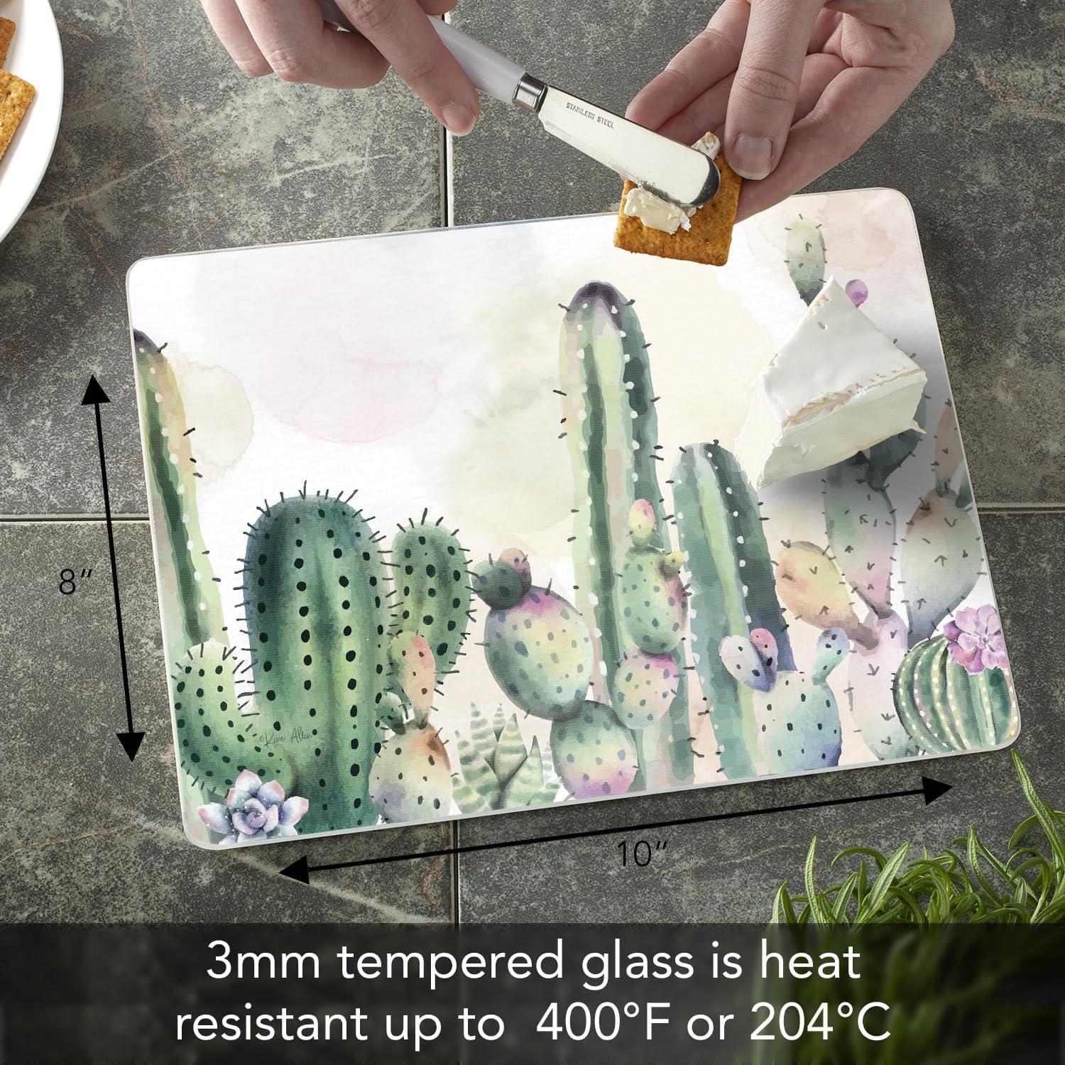 Watercolor Cactus 3mm Tempered Glass Cutting Board 10" x 8"