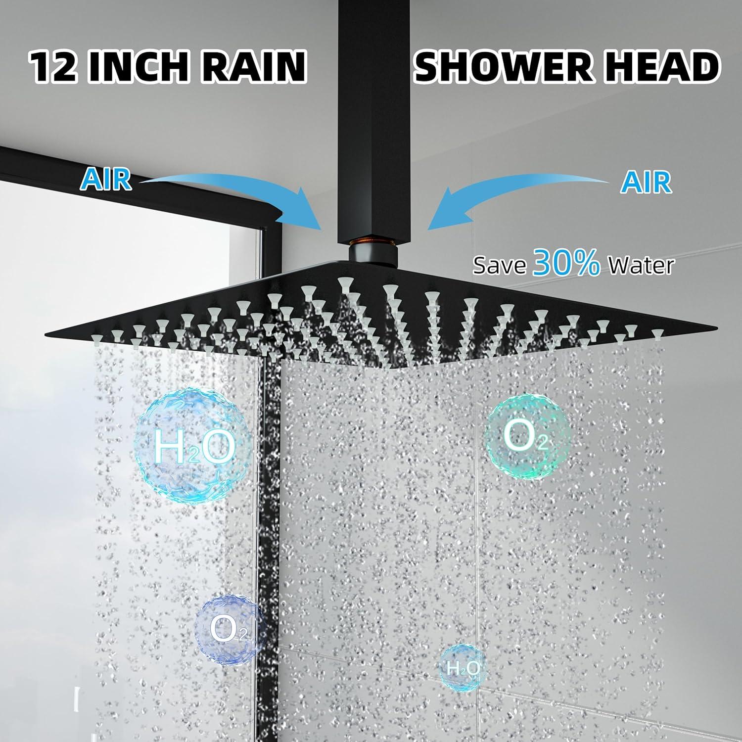 12" Ceiling Mounted Shower Head Pressure Balancing Rain Shower System with Rough-in Valve and Trim Kit