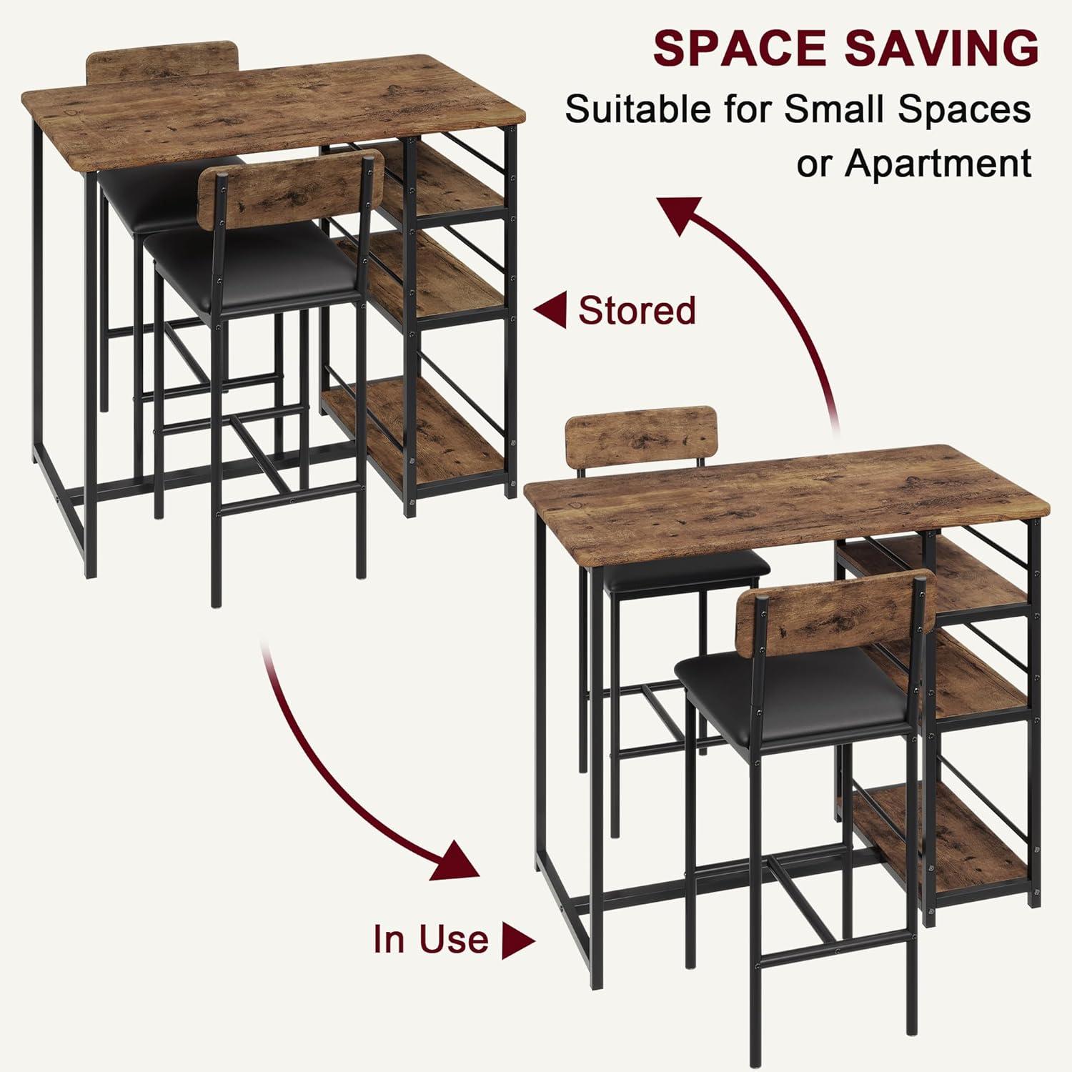 3-Piece Dining Table Set for 2 with Upholstered Bar Chairs, Kitchen Bar Table Set with 3 Storage Shelves, Space-Saving Furniture for Small Spaces, Apartment, Studio, Breakfast Nook