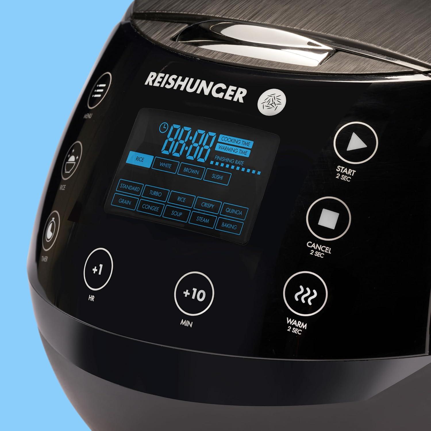 Reishunger Digital Rice Cooker and Steamer, Black, Timer - 8 Cups - Premium Inner Pot, Multi Cooker with 12 Programs & 7-Phase Technology for Brown Rice, Soups, Grains, Oatmeal & more - 1-8 People