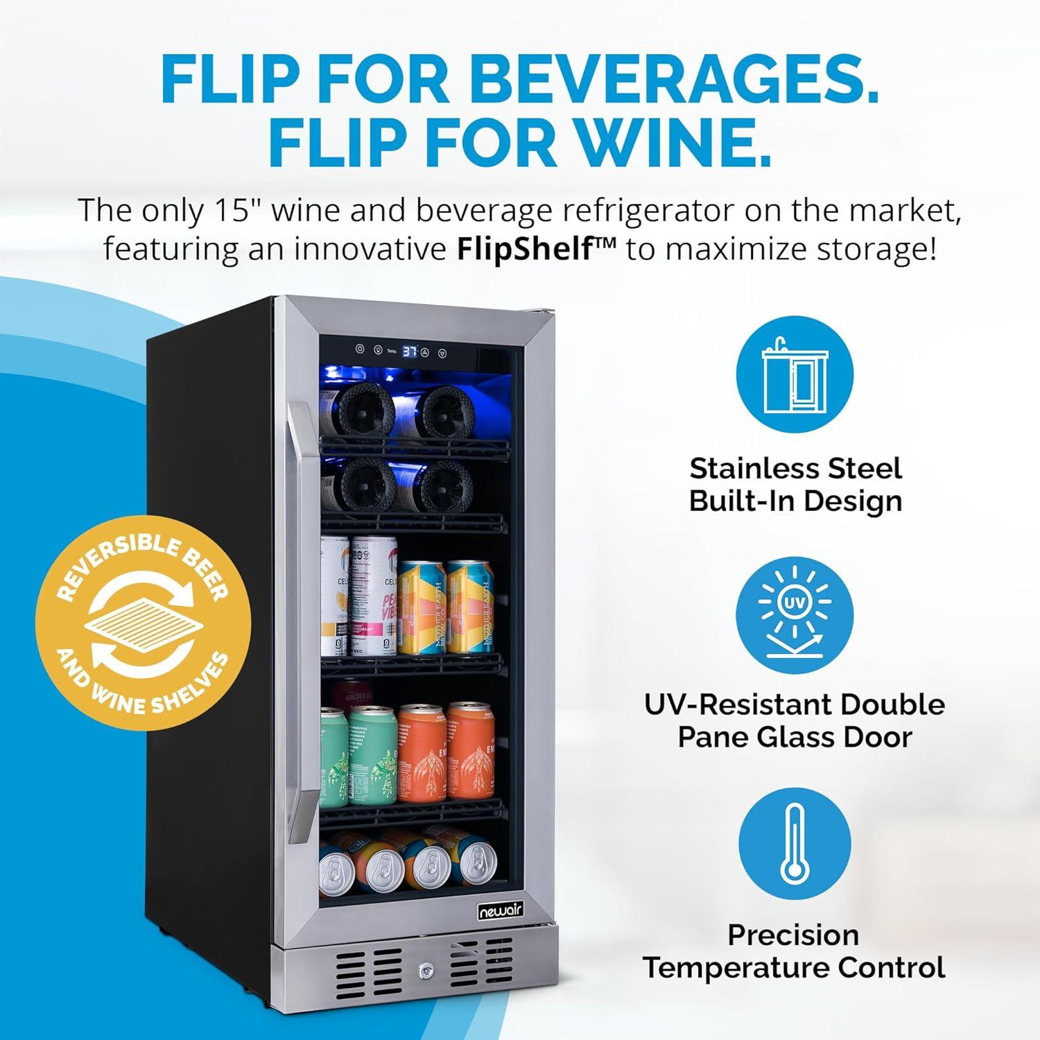 Newair 15" FlipShelf Wine and Beverage Refrigerator, Reversible Shelves Hold 80 Cans or 33 Bottles