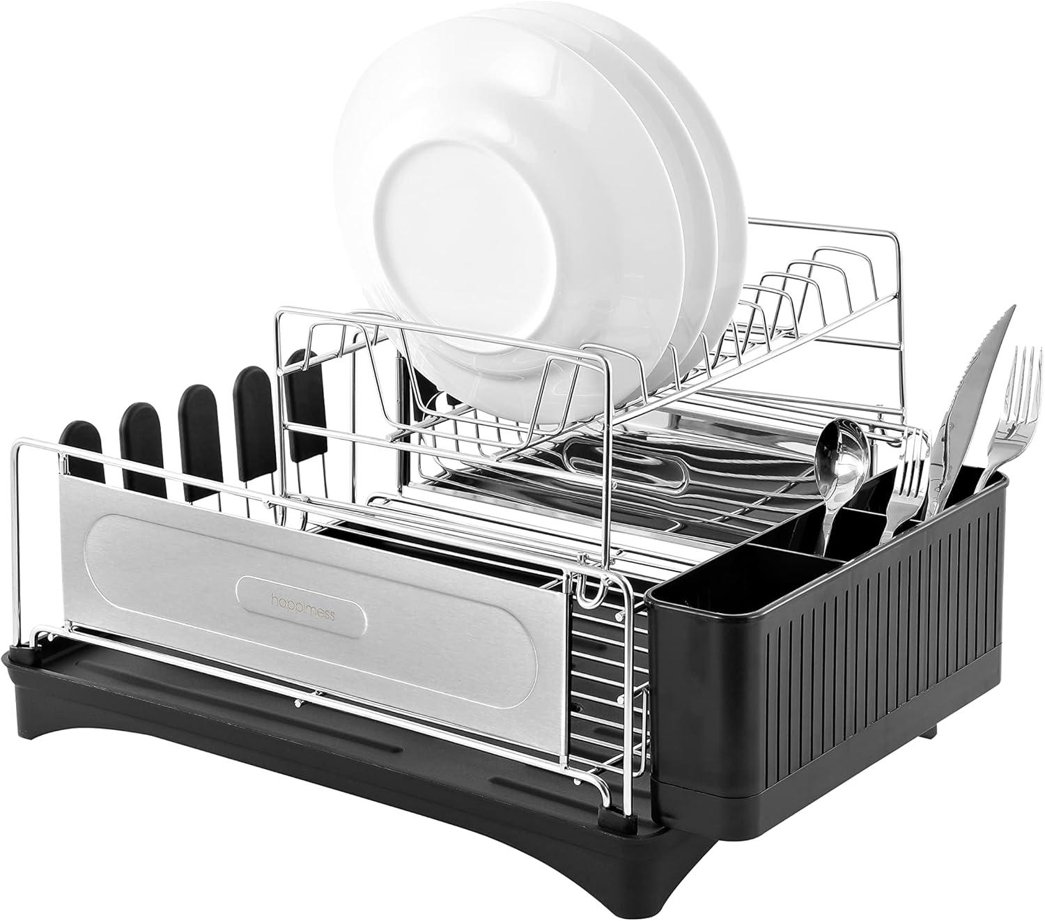 Compact 18.25" Stainless Steel 2-Tier Dish Drying Rack with Utensil Holder