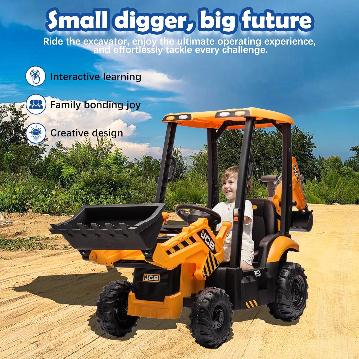 EastVita 12V Ride on Toys Tractor, Kids Ride on Car Toy Excavator Bulldozer, 12V Digger w/Trailer, Shovel Bucket, Digger, Remote Control, EVA Tires, LED Lights, Music, USB