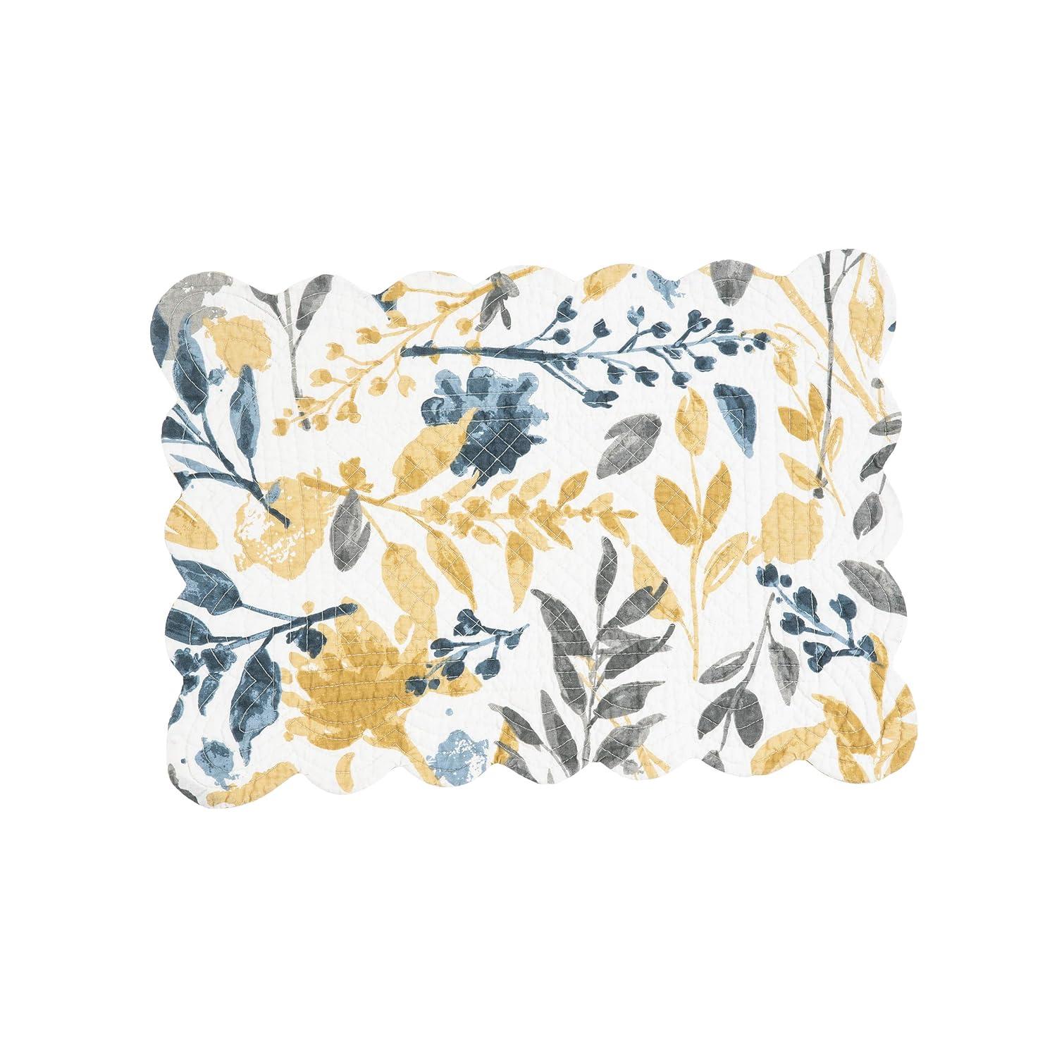 Natural Cotton Quilted Floral Rectangular Placemats in Yellow and Blue