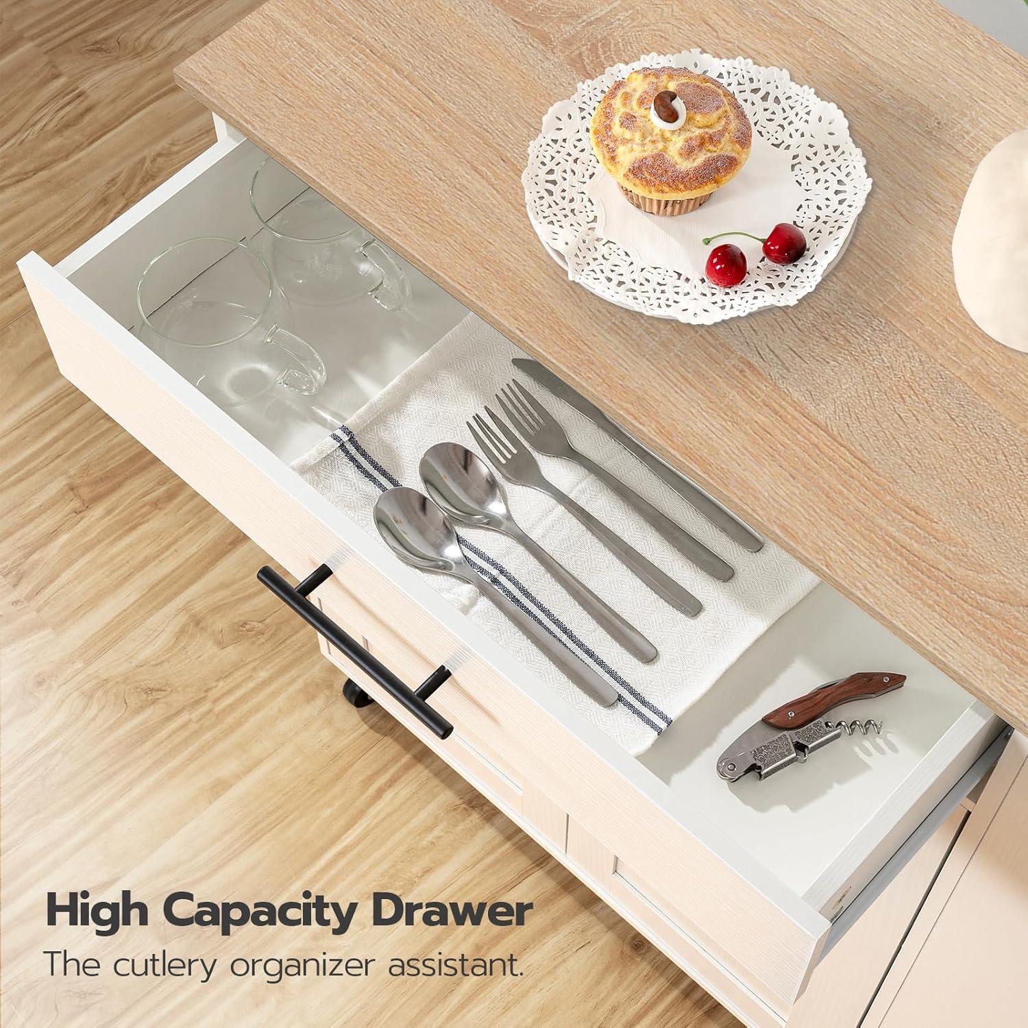 Kitchen Island Cart Kitchen Island on Wheels with Spice Rack, Towel Rack and 5 Drawers, Rolling Mobile Kitchen Island with Door Storage Cabinets, 4 Locking Wheels and Rubber Wood Top, White