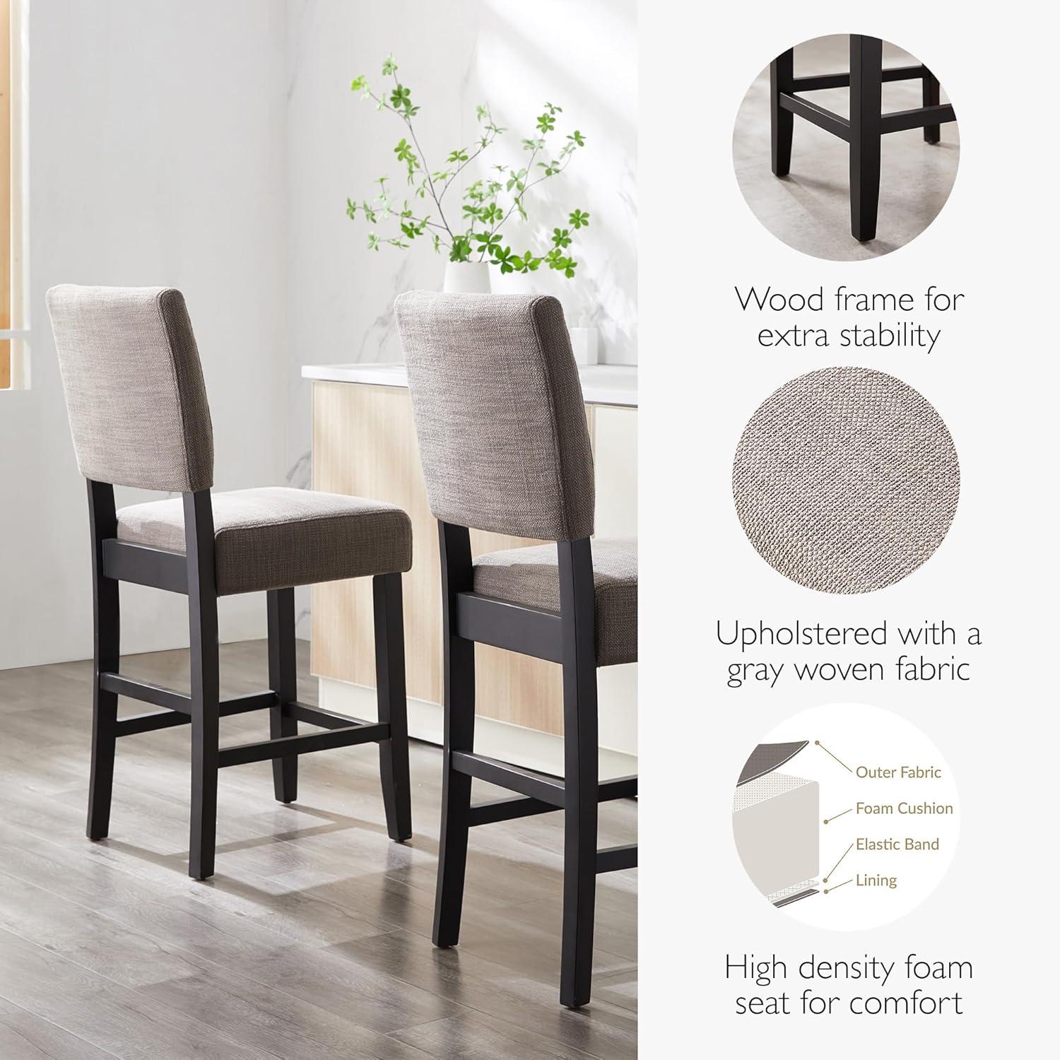 Leick Home Upholstered Back Counter Height Stool with Wood Base-Set of 2 Black and Gray Woven Fabric