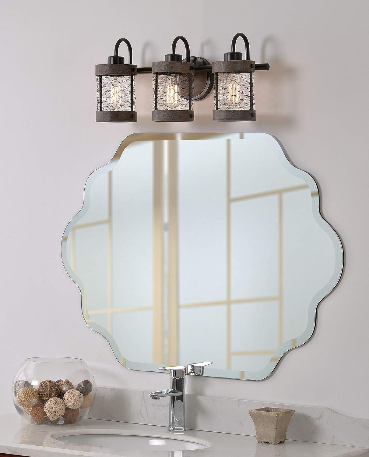 Co-t Kenroy Home Industrial Farmhouse 3-Light Bath Vanity Fixture With Chicken Wire Mesh Shades & Distressed Wood Accents