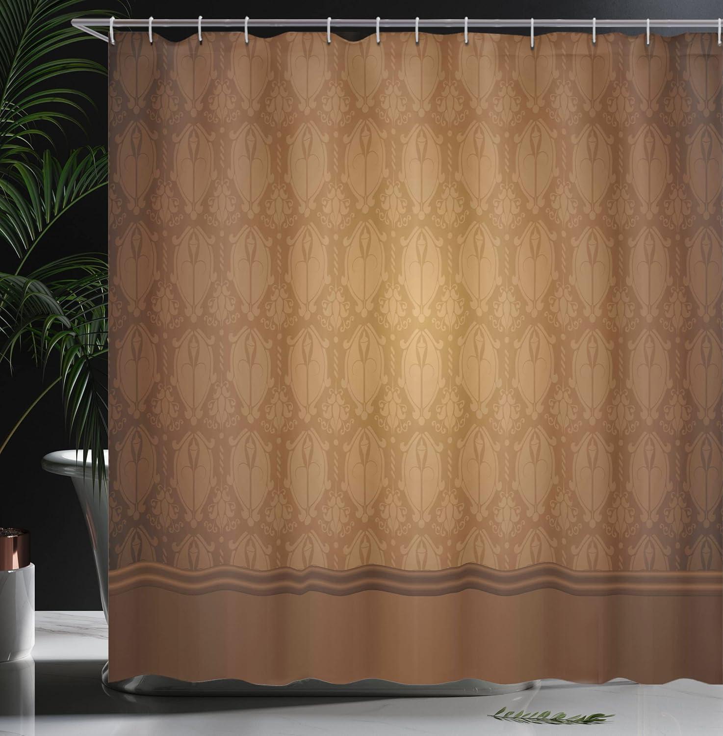 Victorian Damask Brown Tan Polyester Shower Curtain Set