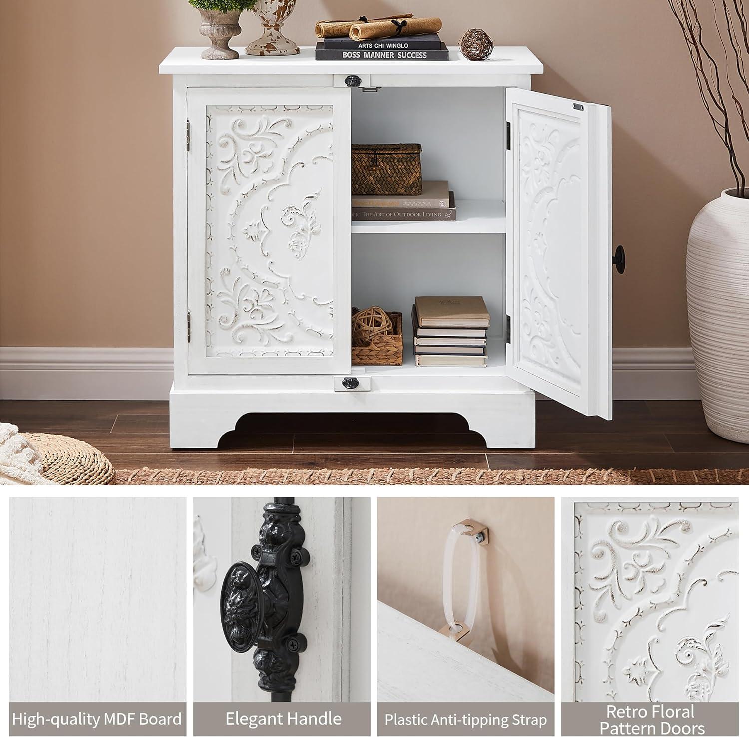 White Floral Pattern Farmhouse Sideboard with Solid Wood Legs