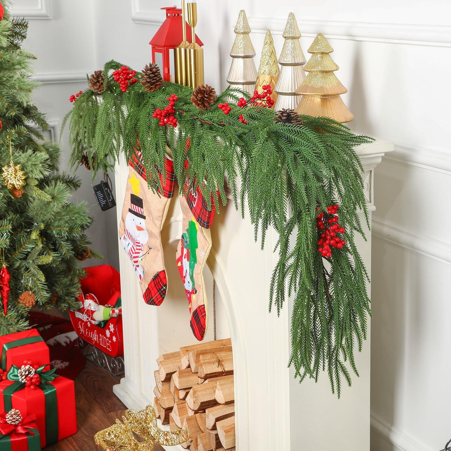 9ft Artificial Christmas Garland, Real Touch Norfolk Pine Garland- Winter Pine Garland, Greenery Christmas Garland for Mantle, Table, Fireplace, Indoor, Outdoor Christmas Decorations