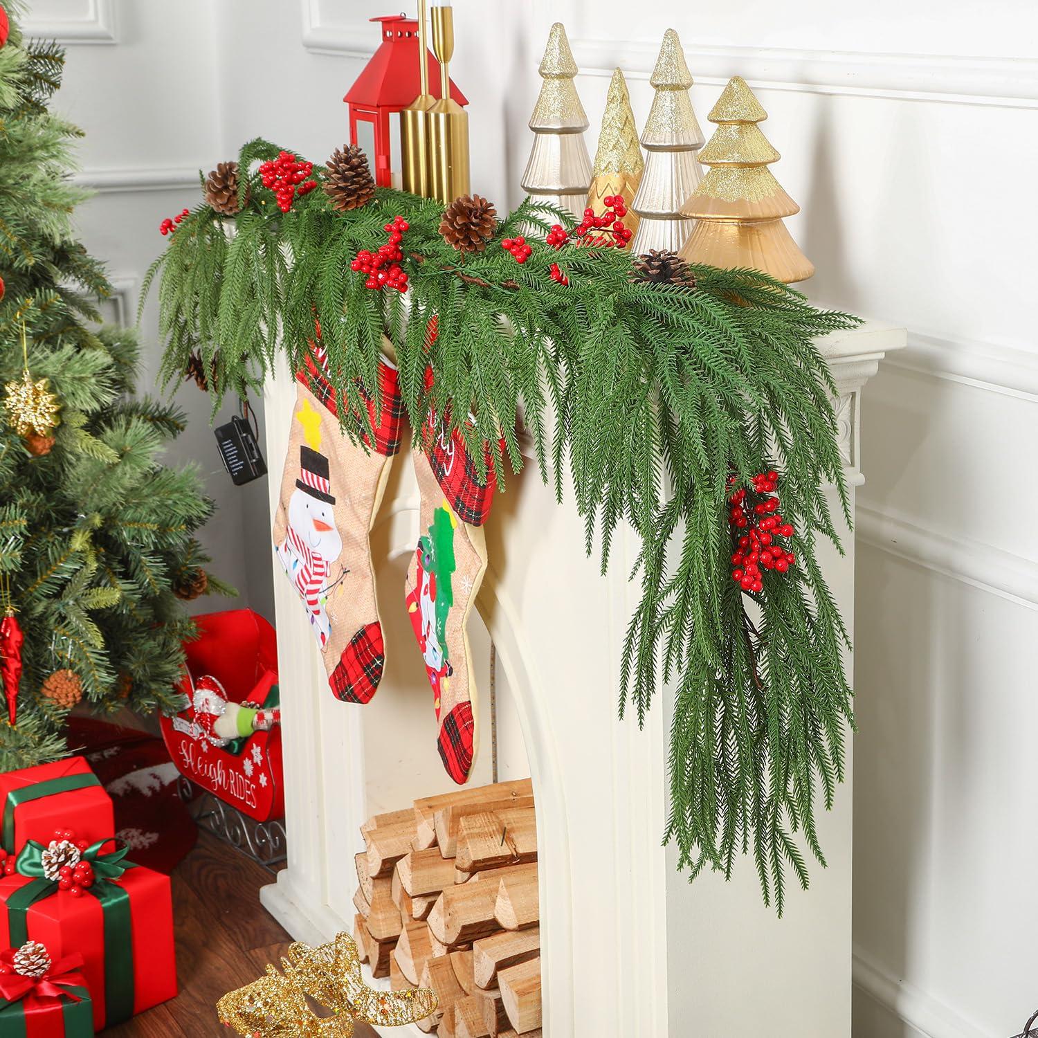 9ft Artificial Christmas Garland, Real Touch Norfolk Pine Garland- Winter Pine Garland, Greenery Christmas Garland for Mantle, Table, Fireplace, Indoor, Outdoor Christmas Decorations