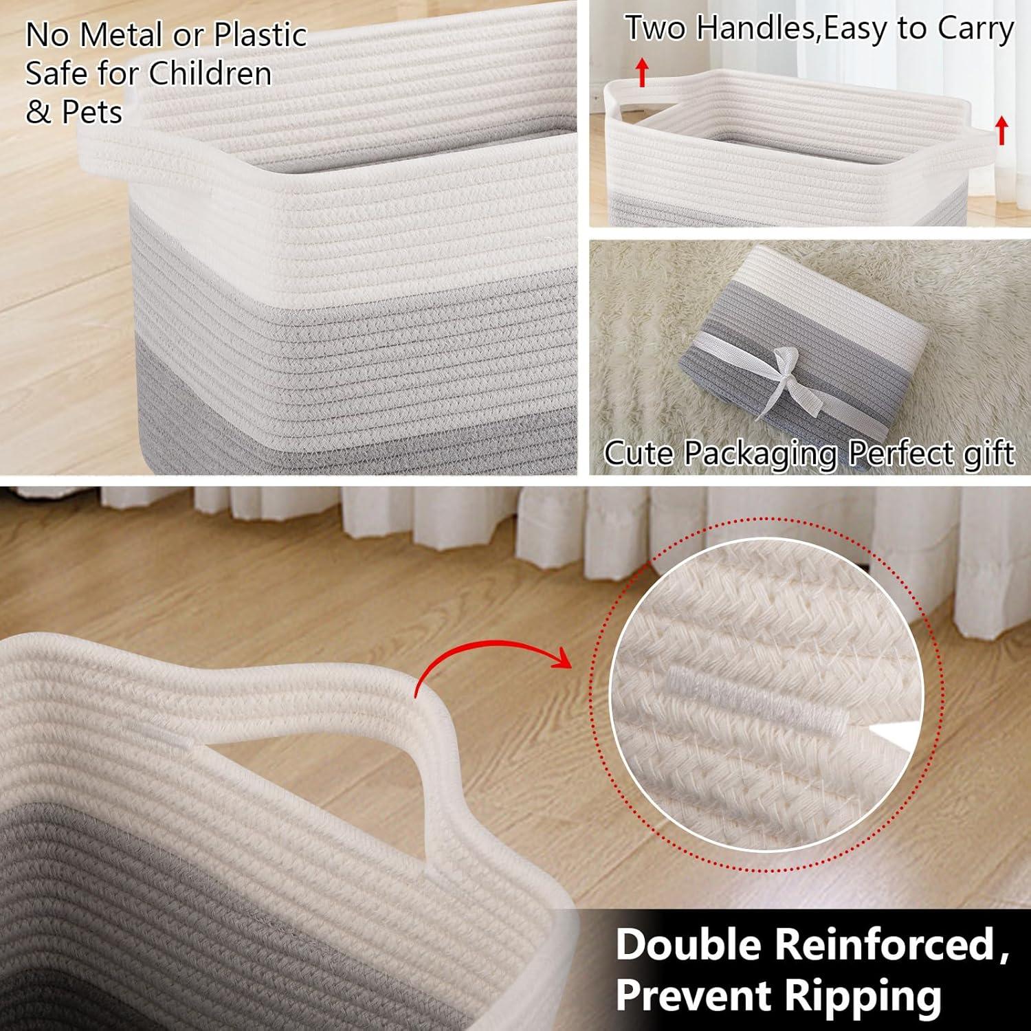 KOUROUU 3 Pack Cotton Rope Storage Basket Woven Shelf Storage Bin with Faux Leather Handles, Decorative Closet Shelf Woven Basket for Storage Organizers, 15 x 10 x 9, White/Gray