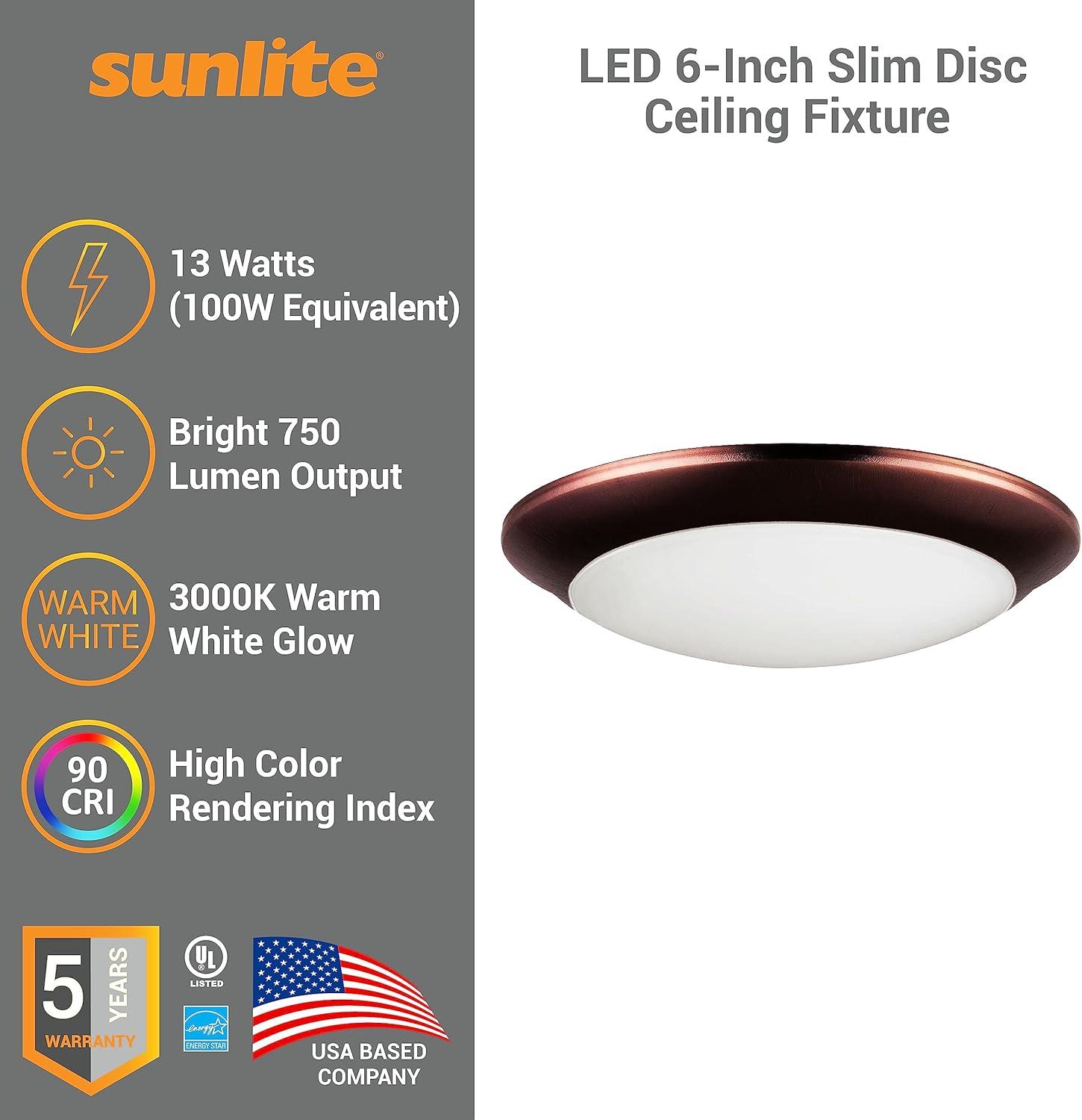 Sunlite 88385-SU 13w 6" LED Slim Disc Ceiling Fixture Bronze Warm White 3000k