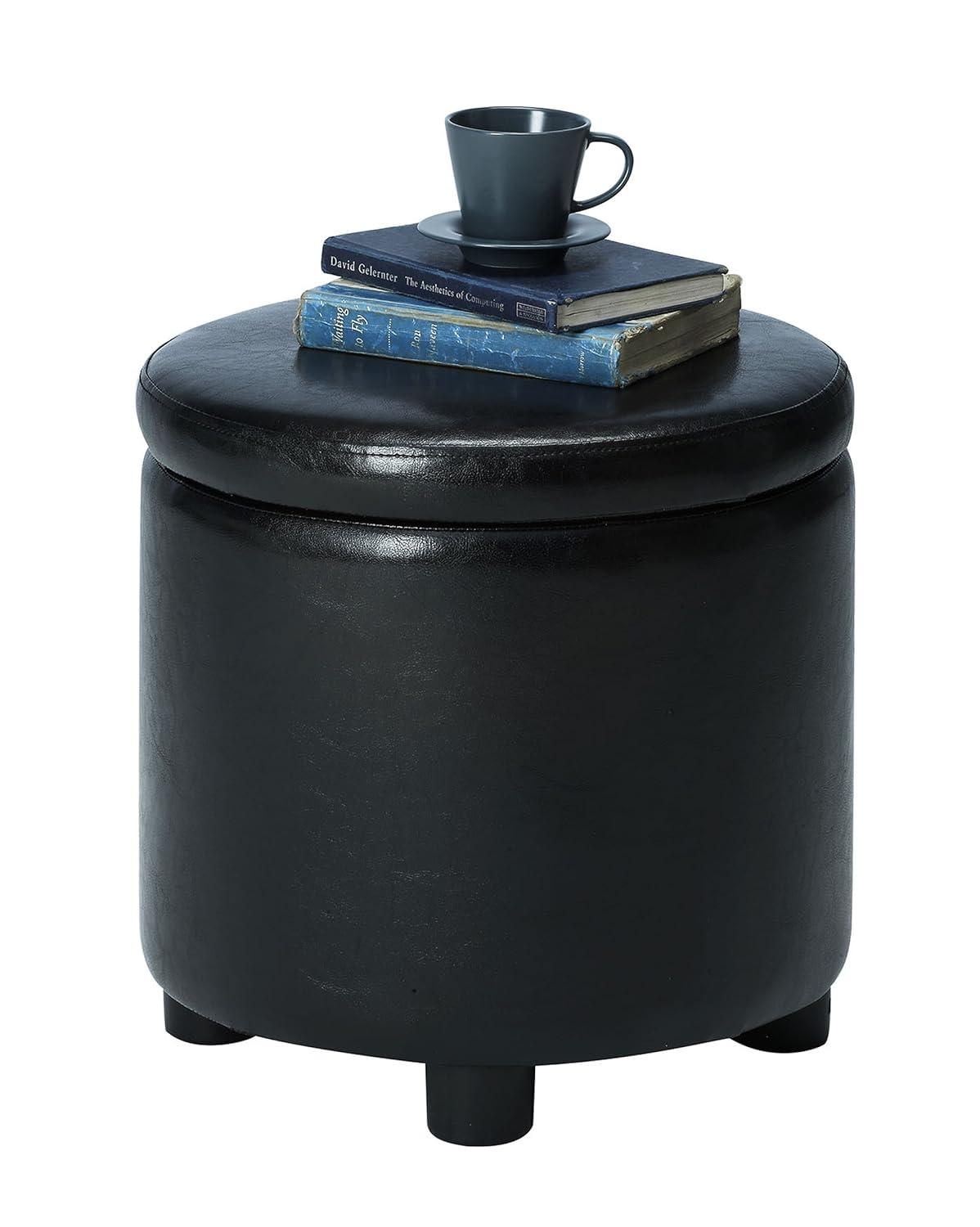 16" Round Black Faux Leather Ottoman with Reversible Tray