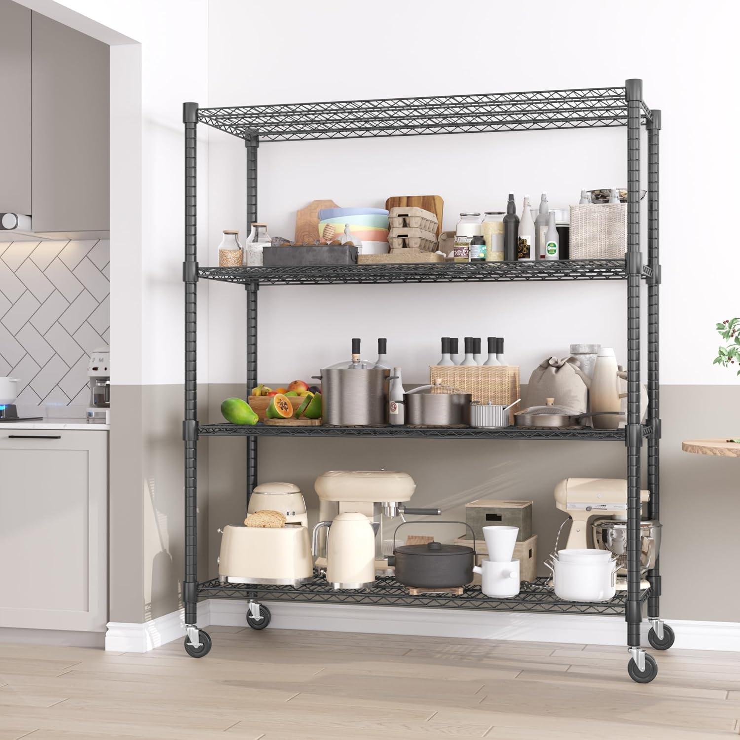 Homdox Heavy Duty Metal Shelves for Storage, 4 Tier Storage Racks and Shelving, Commercial Adjustable Wire Shelving Unit on Wheels, Garage Rack Pantry Shelves Kitchen Shelving, 24"x48"x72", Chrome