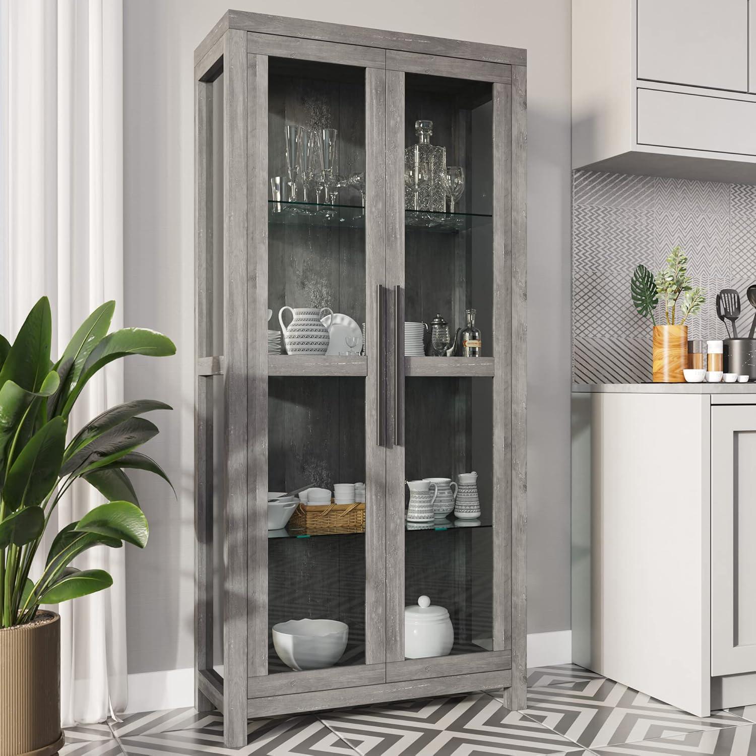 BELLEZE Storage Cabinet, Tall Bookshelf or Display Cabinet For Living Room Bedroom, Curio Cabinet with Tempered Glass Doors, Trophy Display Case, Storage/Organization - Avalon (Gray Wash)