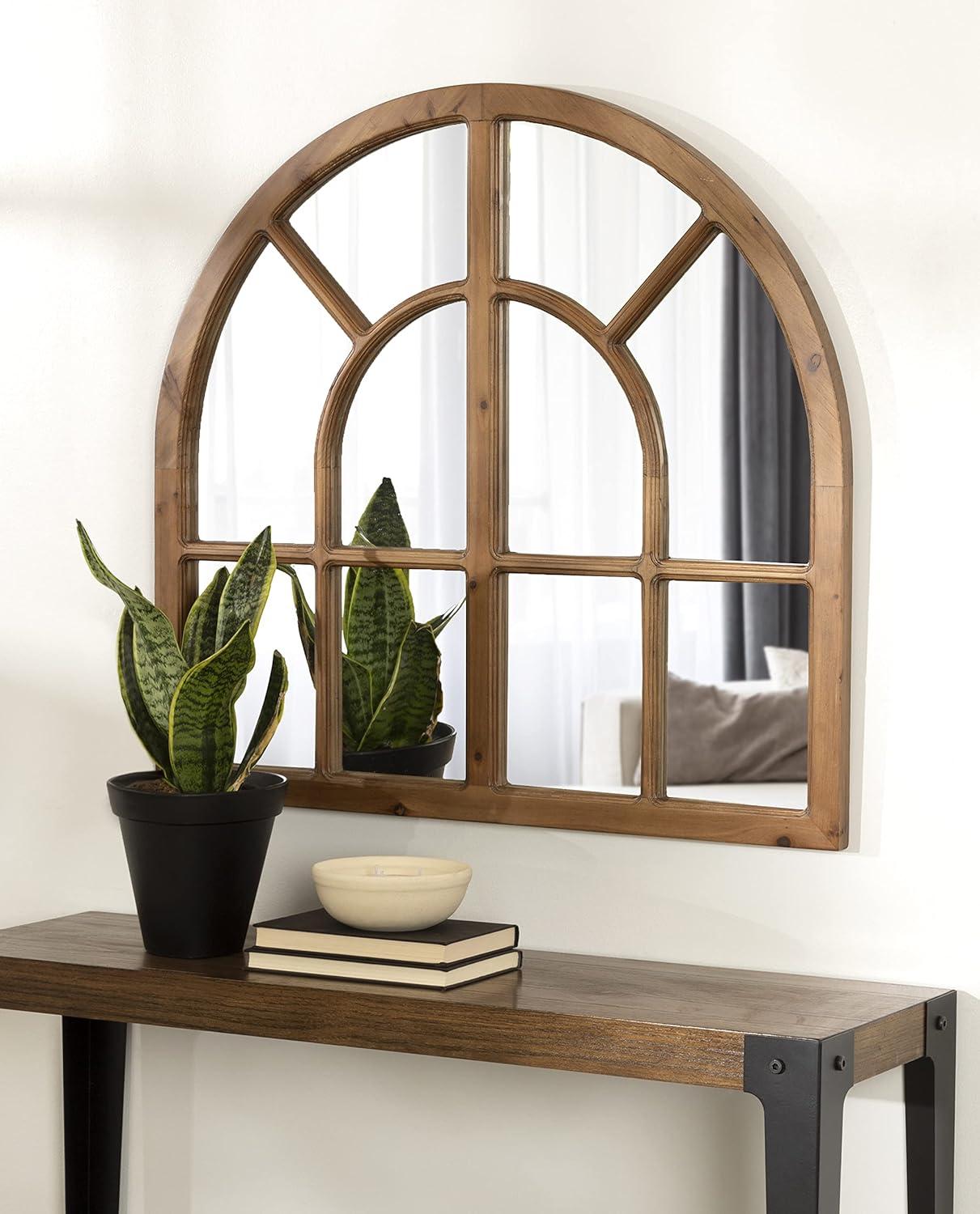 Rustic Brown Wood Arched Windowpane Wall Mirror