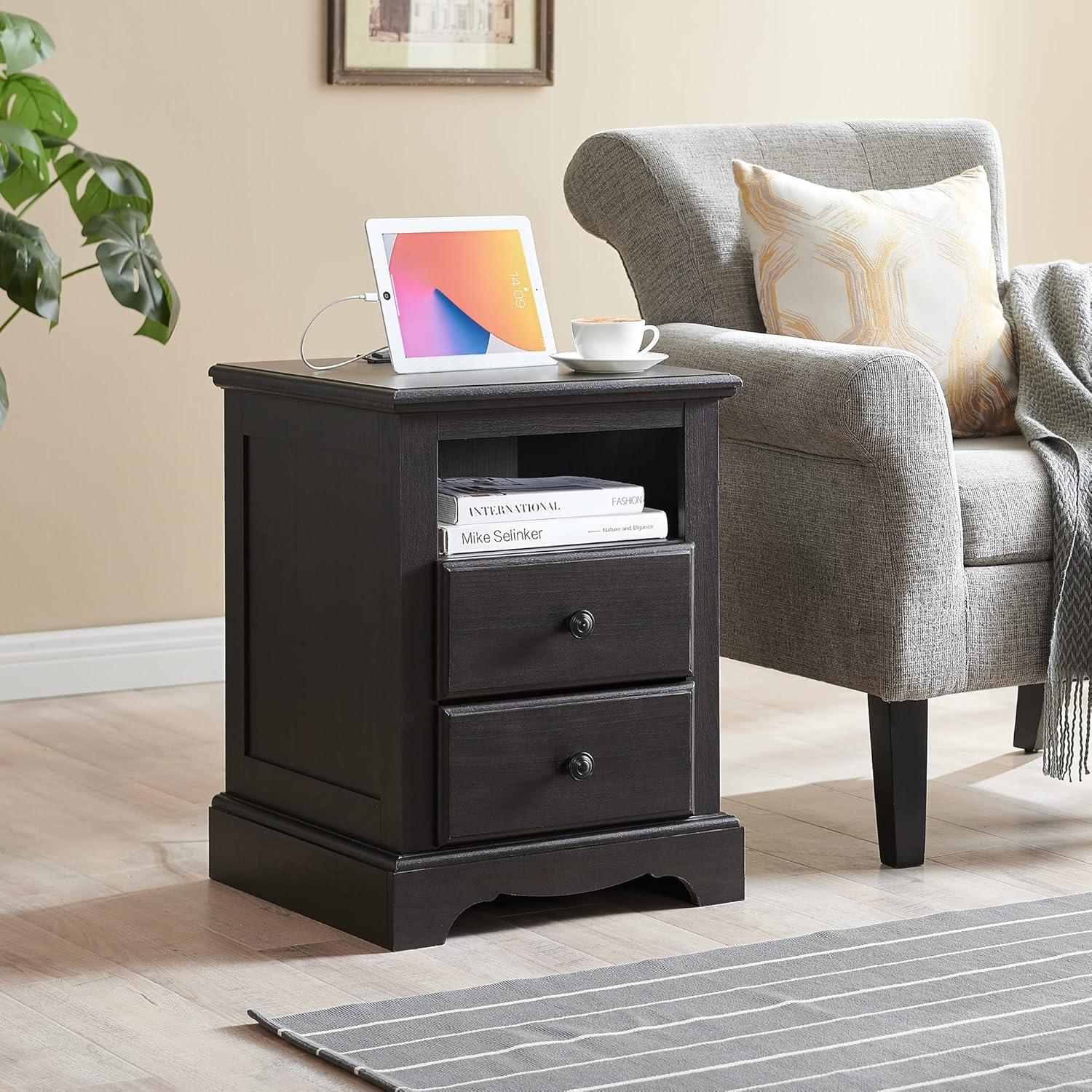 Espresso 18 Inch Vintage Nightstand with Charging Station and 2 Drawers