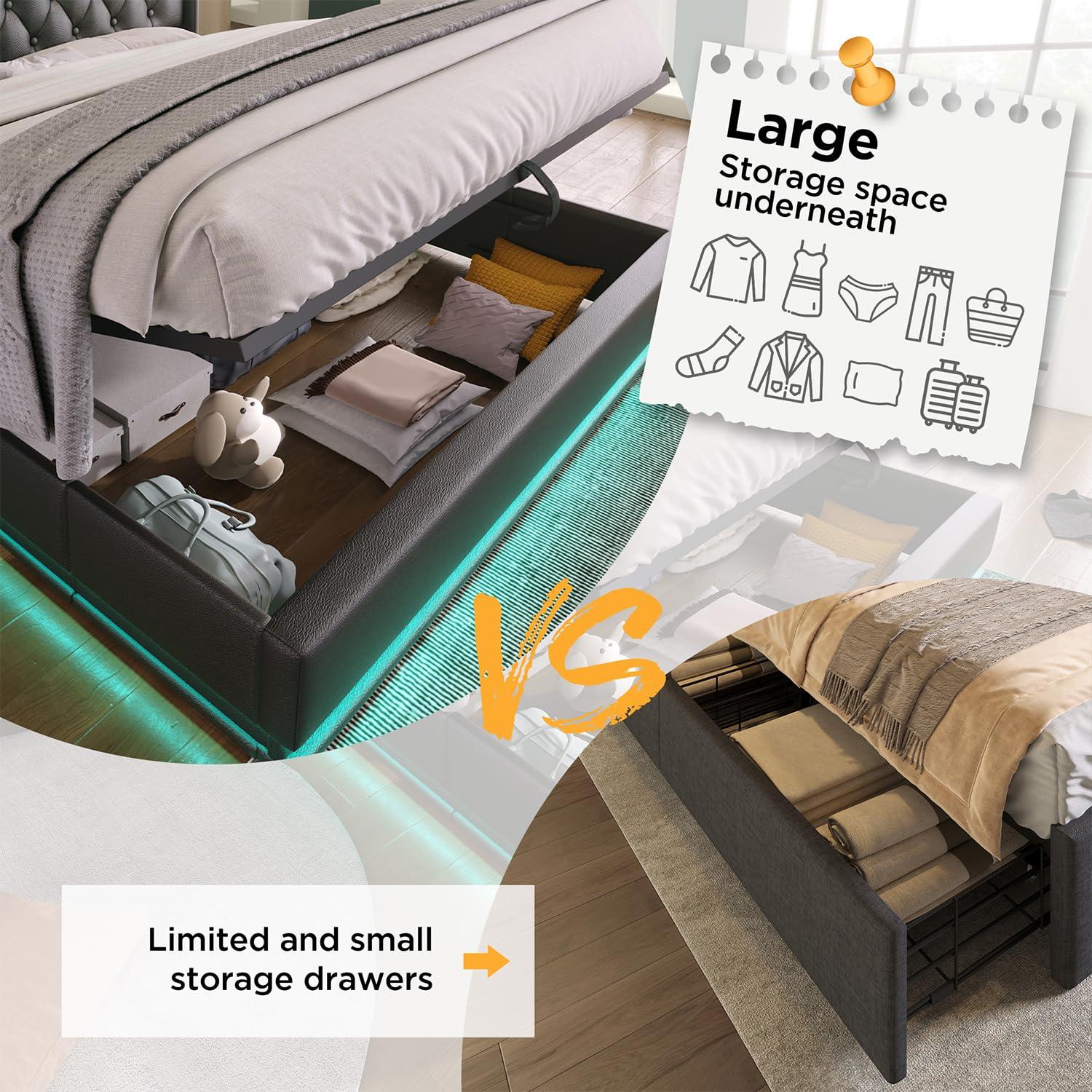 King Size Lift up Storage Platform Bed with 360 Degree Surround LED Light, Bedroom Upholstered Hydraulic Smart Bed Frame, No Noise, No Spring Mattress Required, Easy to Assemble (Black, King)