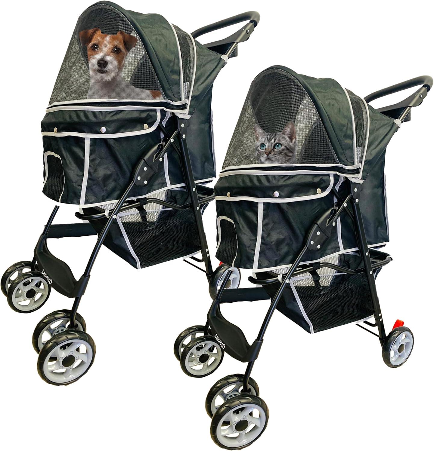 Black Polyester Pet Stroller with Storage Basket