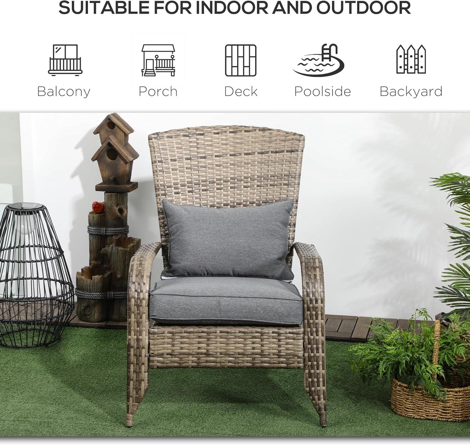 Outsunny Patio Adirondack Chair with All-Weather Rattan Wicker, Soft Cushions, Tall Curved Backrest for Deck or Garden, Light Gray