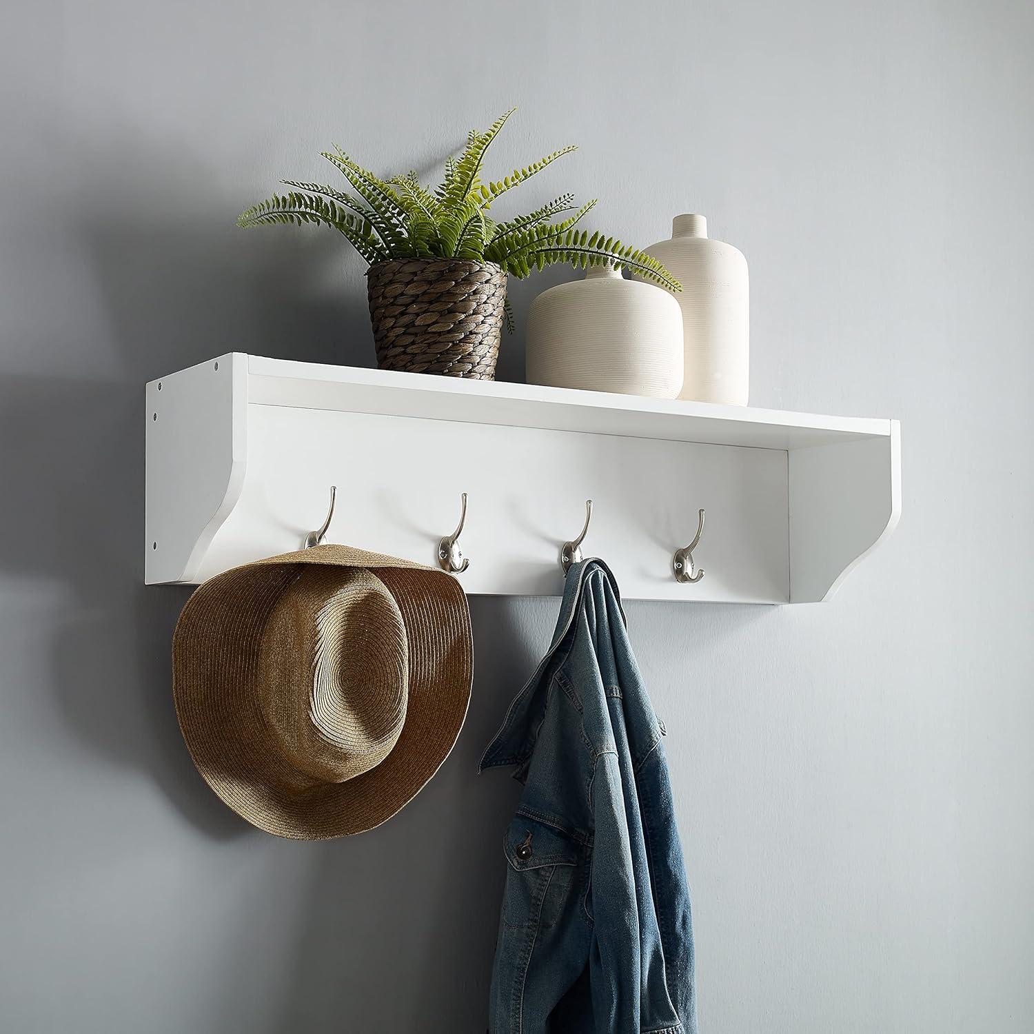 White Wood Wall-Mounted Entryway Shelf with Hooks