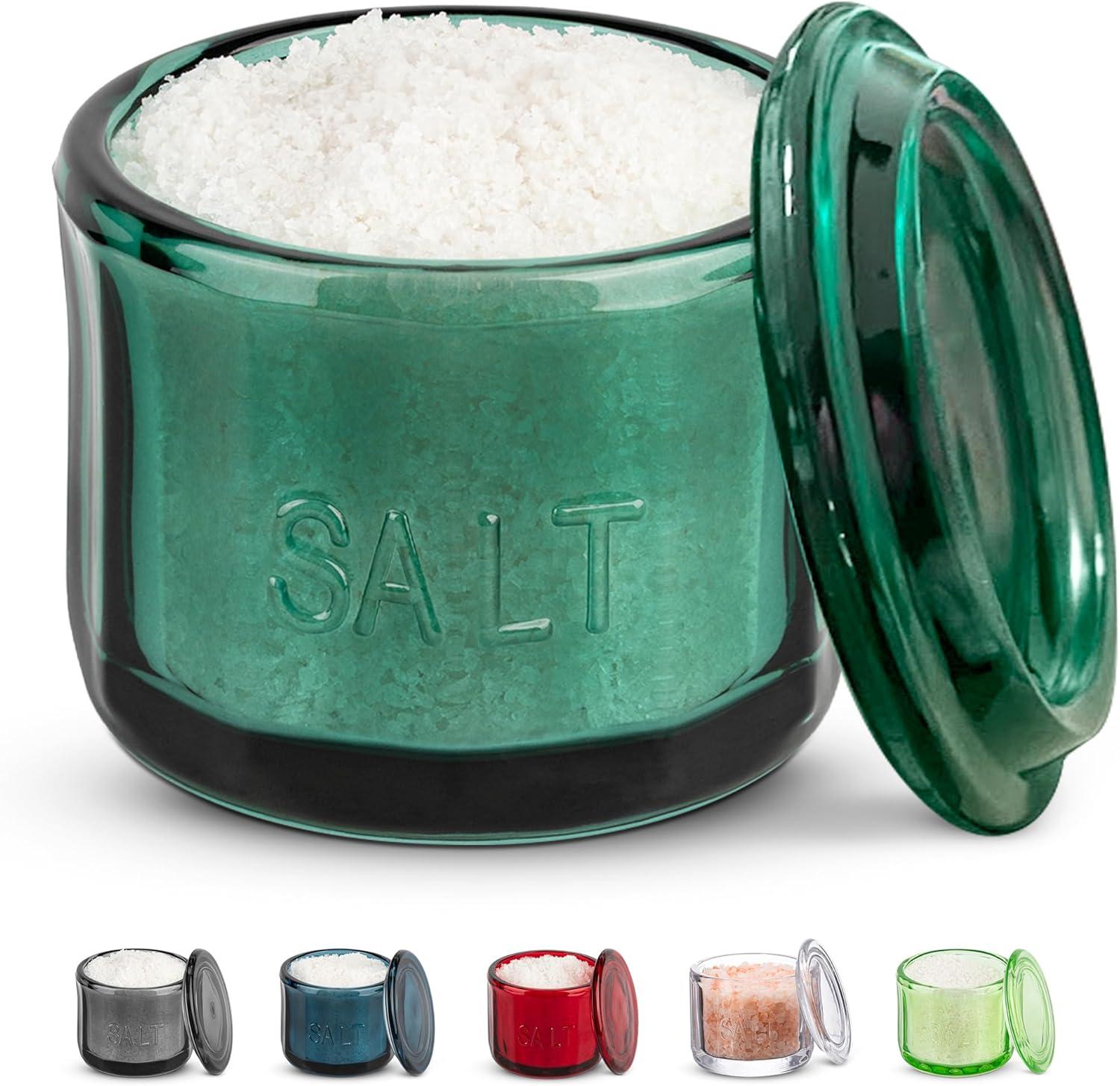 Kook Glass Salt Cellar, with Airtight Lid, 10 Oz, Emerald