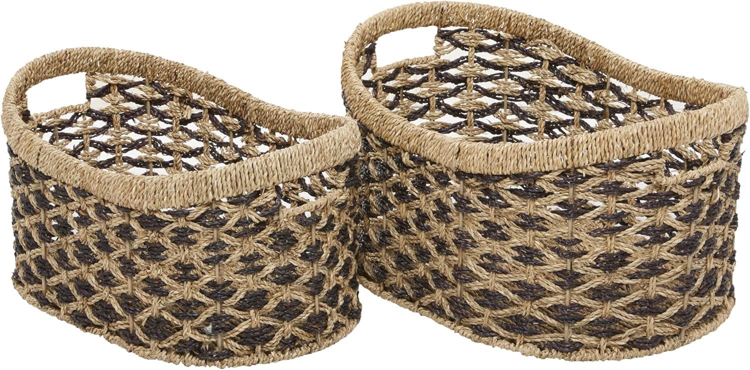 DecMode 10", 9"H Brown Seagrass Handmade Two Toned Storage Basket with Handles, 2-Pieces