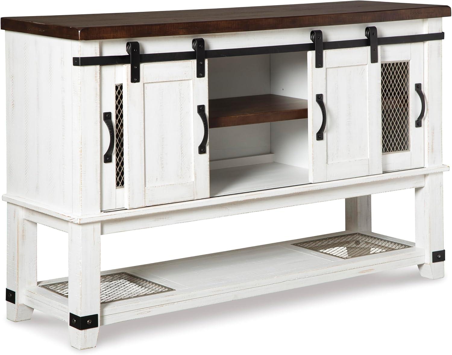 Signature Design by Ashley Valebeck Dining Server White/Brown/Beige: Rustic Farmhouse Sideboard with Adjustable Shelves