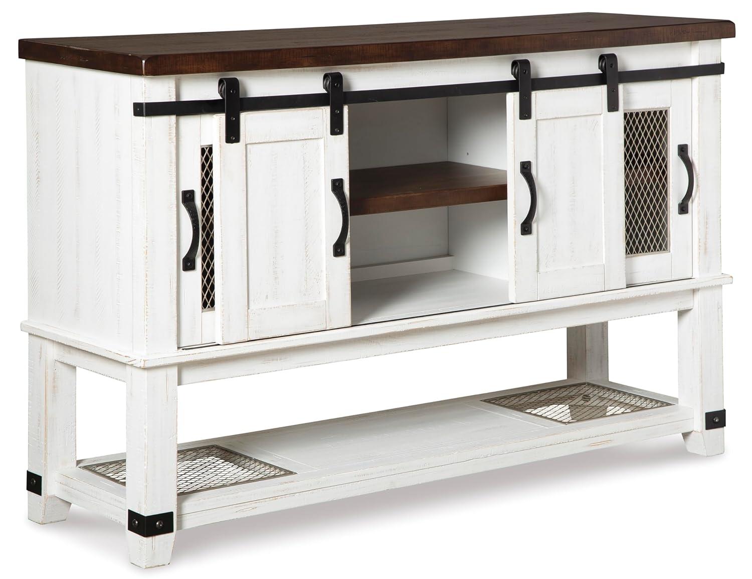 Signature Design by Ashley Valebeck Dining Server White/Brown/Beige: Rustic Farmhouse Sideboard with Adjustable Shelves